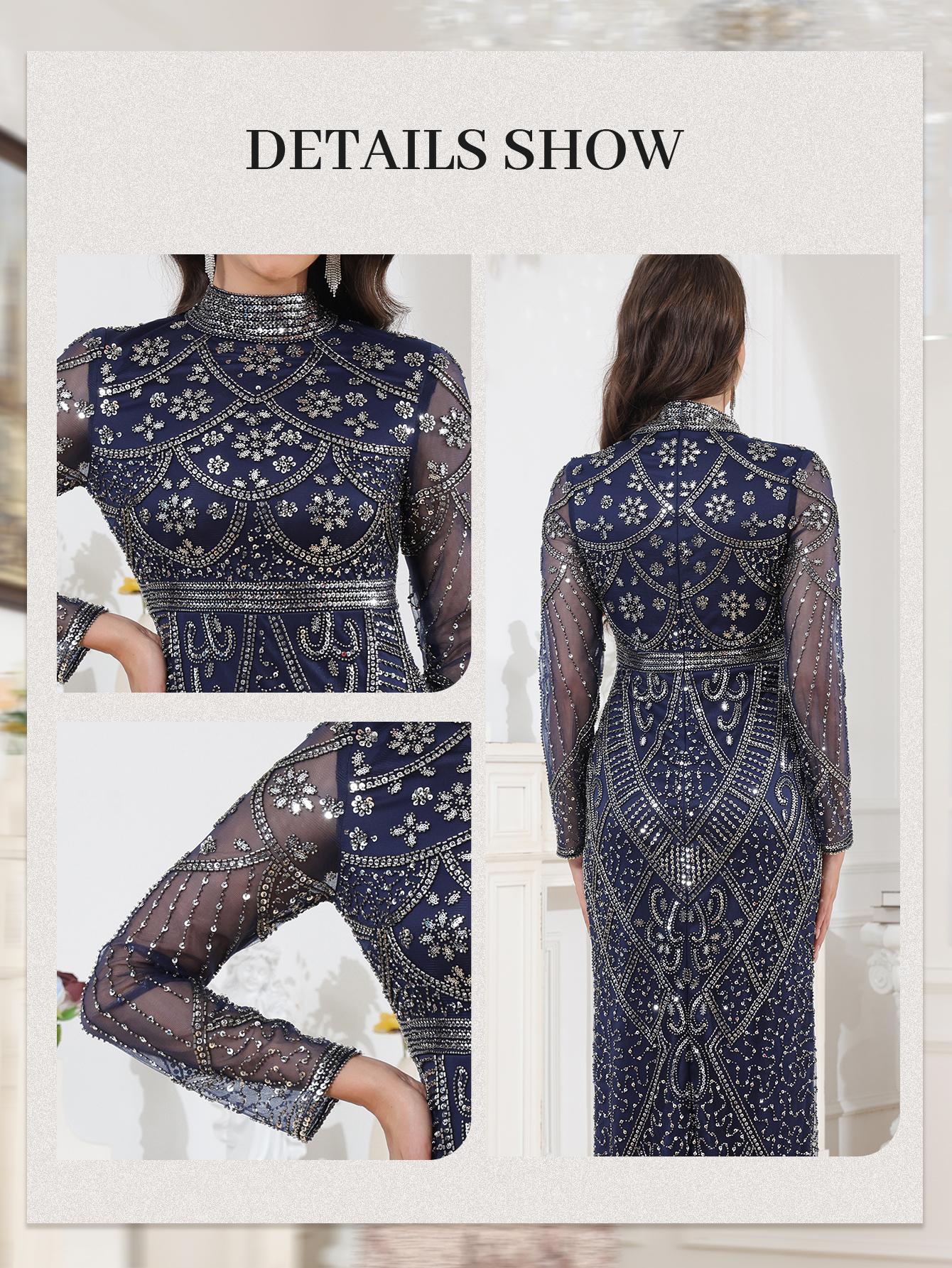Celesmeety Women's Elegant Muslim Dress, Sequin Embroidery, Sheer Long Sleeve, Perfect for Party, Wedding, All Seasons, Classy Modest Dress
