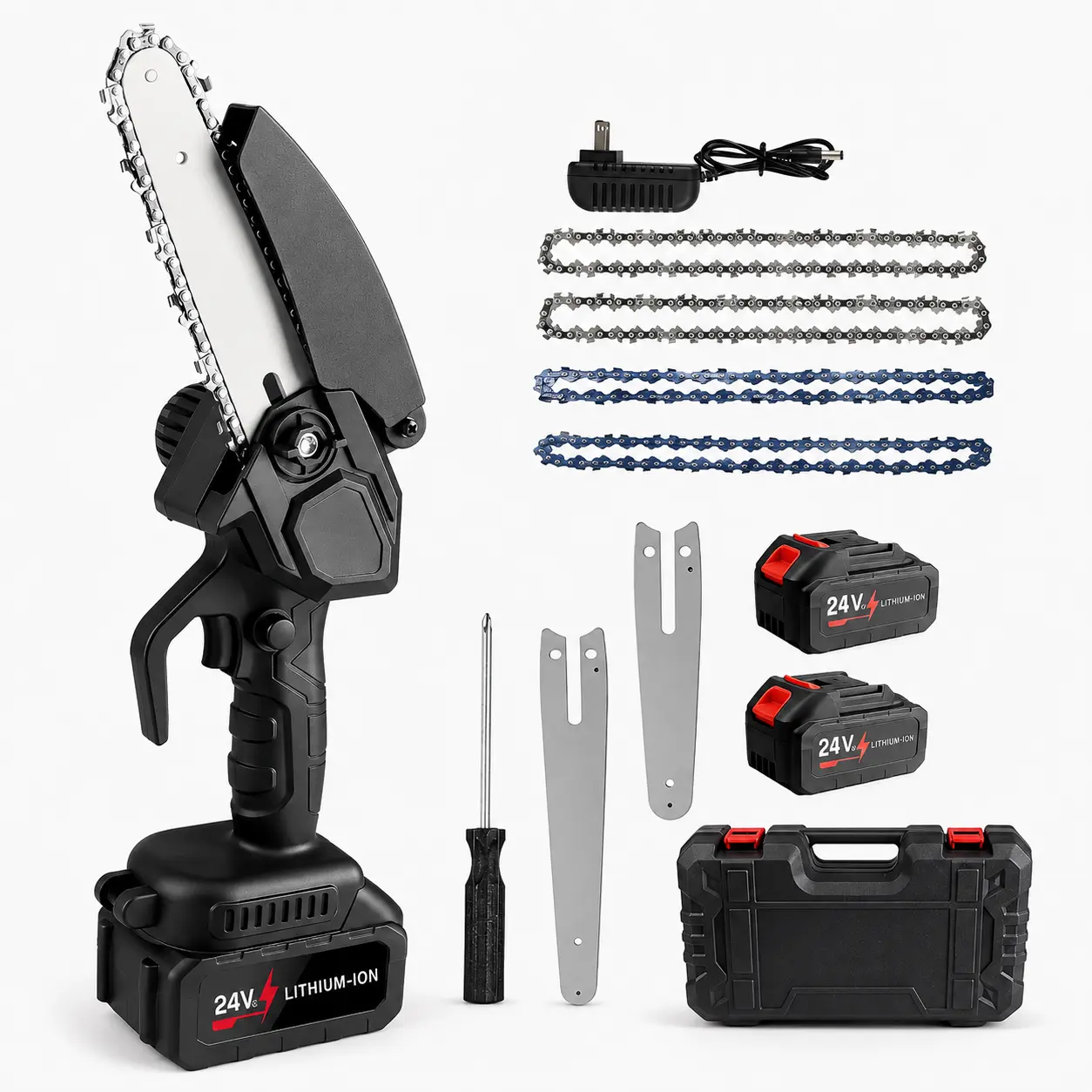21V Power Cordless Handheld Chainsaw Kit with Handheld Grip, 4-in & 6-in Interchangeable Blades, 2 Batteries, 4 Chains, Portable Case – Outdoor Utility Tool for Wood Cutting, Tree Trimming