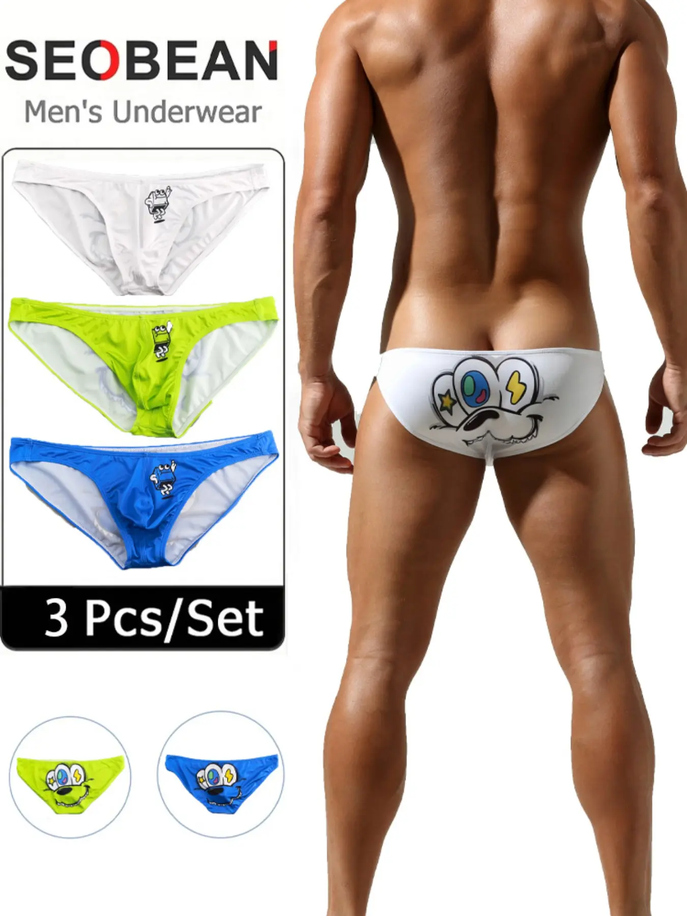 3-Pack Men's Low-Waist Trunk Underwear, Sexy Cartoon Print, Breathable Sporty Design, Comfortable Fit, Ideal for Daily Wear & Gym