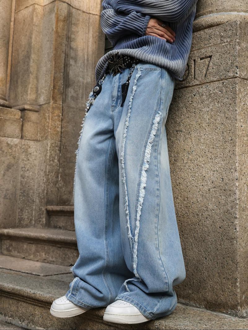 Men's American Casual Light Wash Blue Loose Straight Jeans, Y2K Street Style, Drop Crotch Design, All Seasons, Zipper Fly, Loose Fit