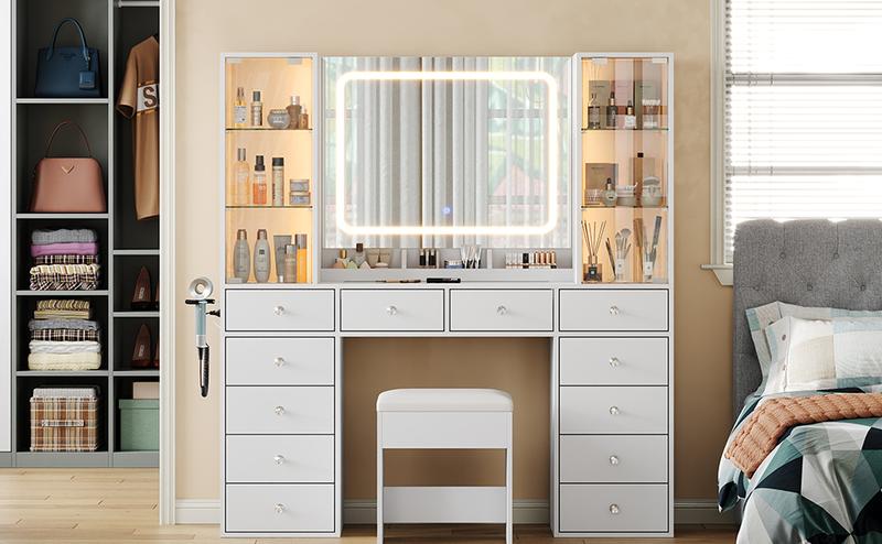FUSOU 12 Drawers Makeup Vanity with Charging Station, Vanity Desk with LED Mirror & 2 Glass Cabinet, 3 Color Modes, Brightness Adjustable, Glass Top, Dressing Table with Chair for Bedroom (12 Drawers)
