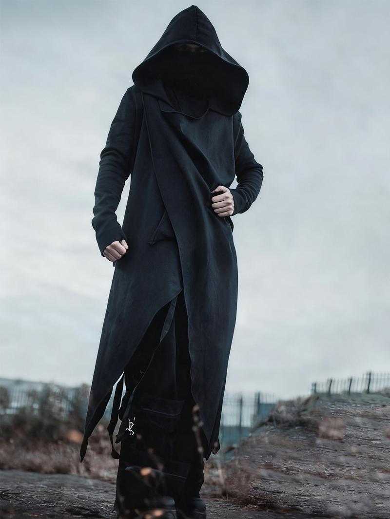 Men's Black Hooded Cyberpunk Maxi Coat – Asymmetric Design, Stylish Outerwear for Street Fashion & Cosplay