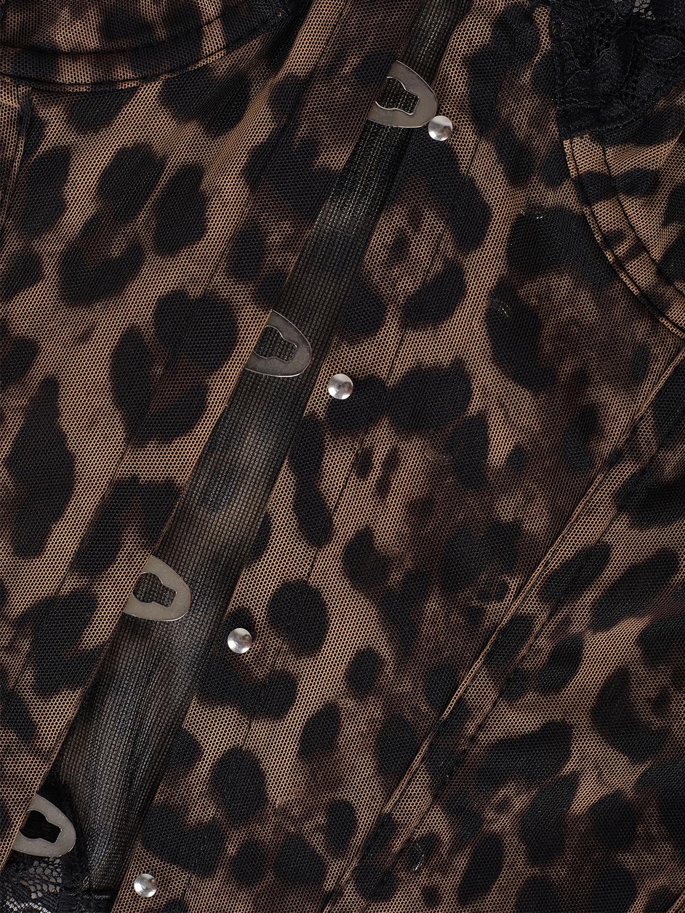 Y2K Leopard Print Lace Trim Corset Top Front Buckle Boned Waist Trainer Sheer Mesh Slimming Bustier For Women Club Party Date Night Outfit Underwear Womenswear classic staple musthave piece timeless style essential basic