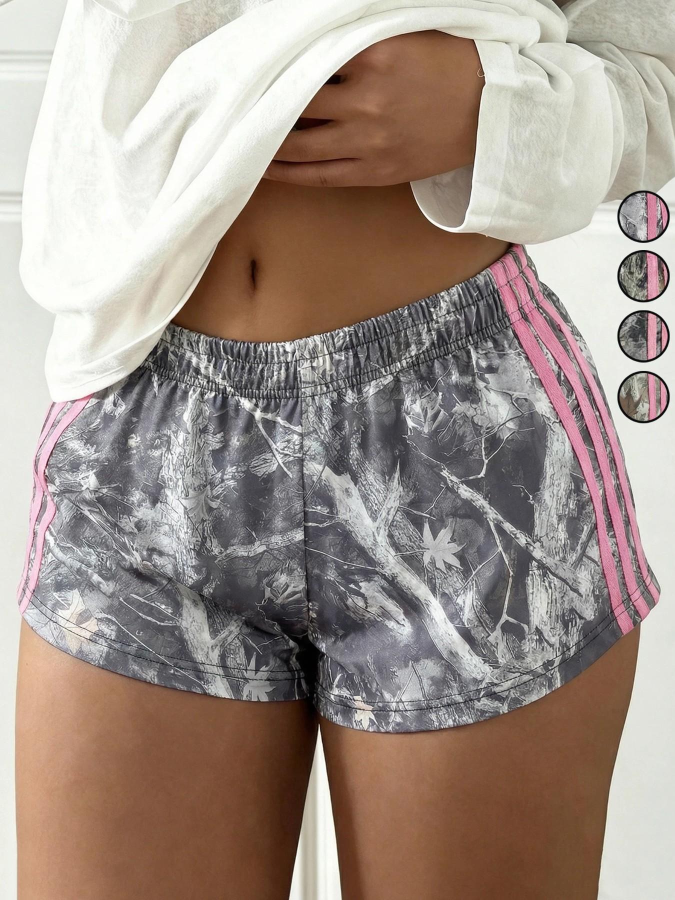Women's Summer Fashion Casual Shorts, Full Camo Print Multi-Color Options, Stylish Side Stripes, Loose-Fitting Elastic Waist Pants