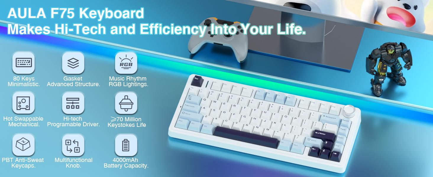 Aula F75 Gasket Mechanical Keyboard 75 Layout Wireless Hot Swappable Five Layer Padding Knob Bluetooth 24GHz USBC RGB Lights Perfect for Gaming