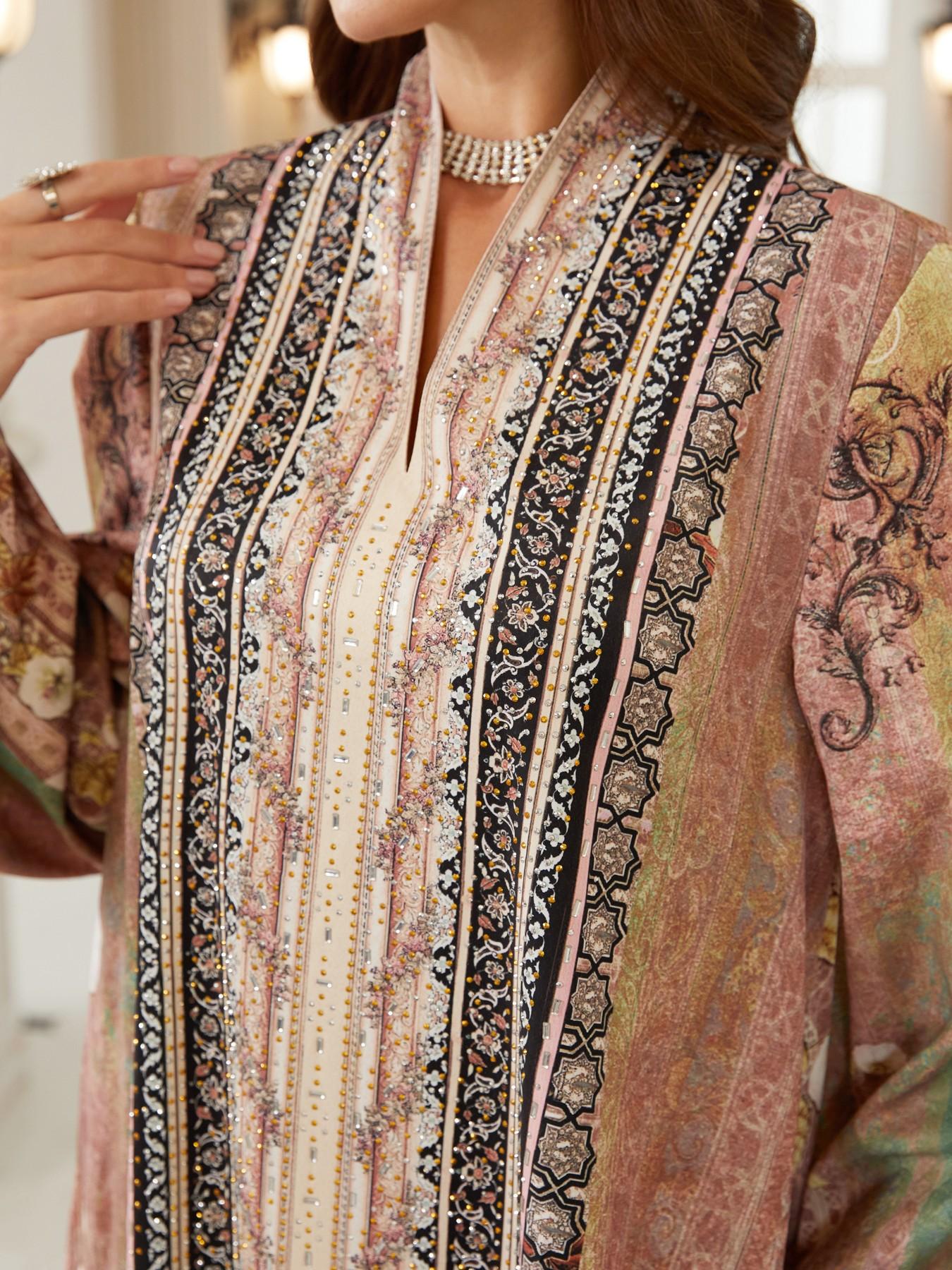 Women's Vintage Floral Print Rhinestone Long Robe, Dubai Style Kaftan Evening Dress, Ramadan Eid Abaya