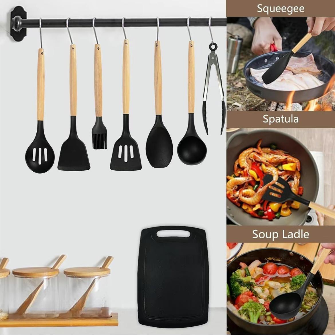 Hot Selling Silicone Kitchen Utensil Set 19-Piece Cooking Spoon Spatula Knife Storage Bucket Wooden Utensil Set Kitchen Tools Ladle Sturdy Durable Kitchenware Cookware