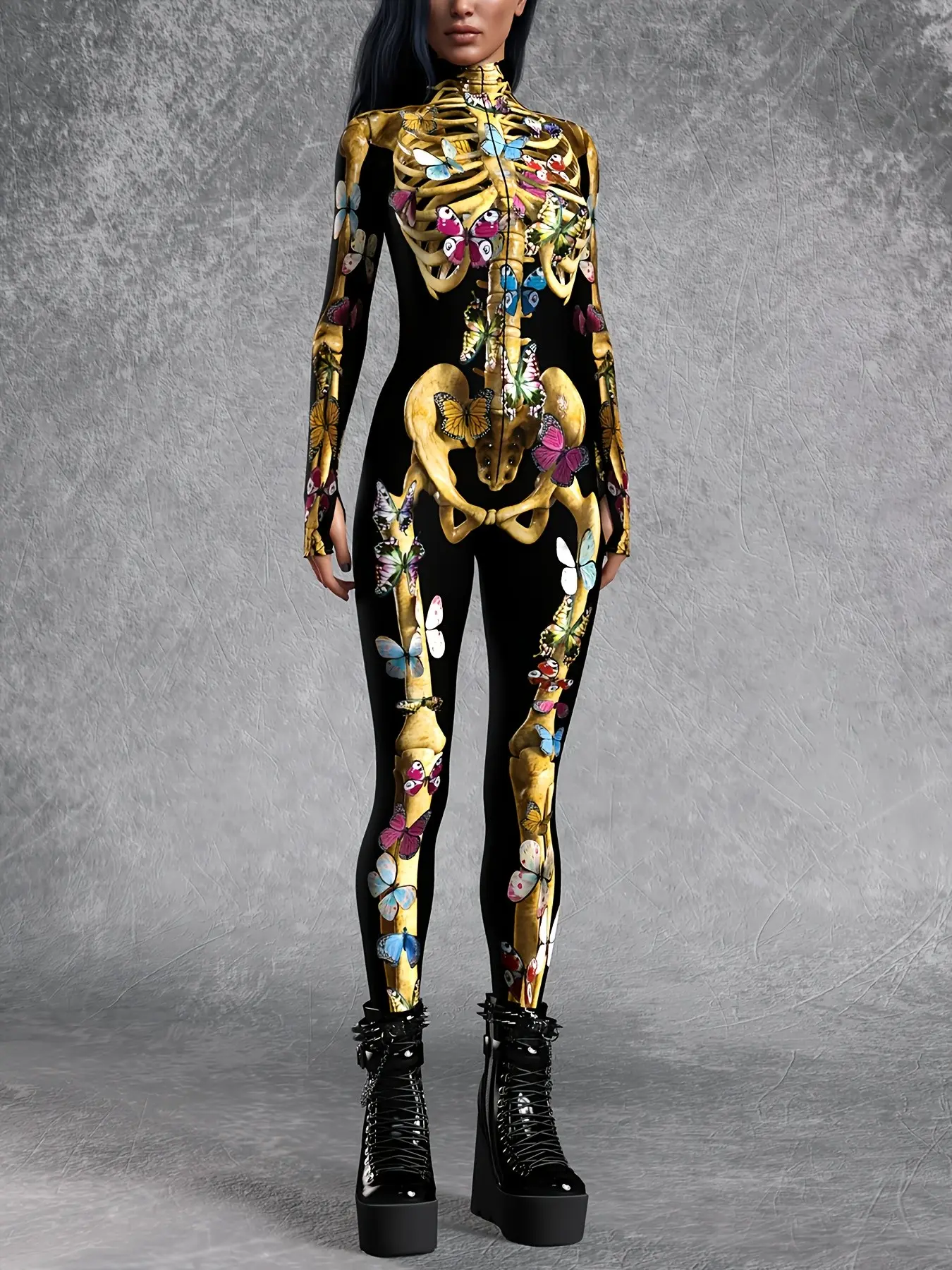 Halloween Party Costume, Women's Sexy Bodycon Bodysuit, Cosplay Stage, Magical Butterfly Skull Design, Festival Unique Clothing