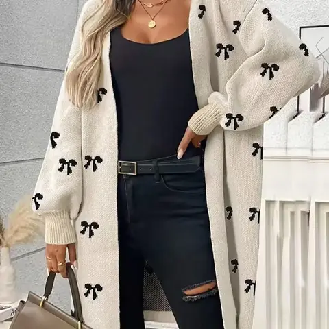 Autumn Winter New High-End Bow Pattern Knit Long Cardigan Sweater, Casual Versatile Outerwear, Elegant Lazy Style, Comfortable Color Block Design, Knitwear, Knitted Clothes