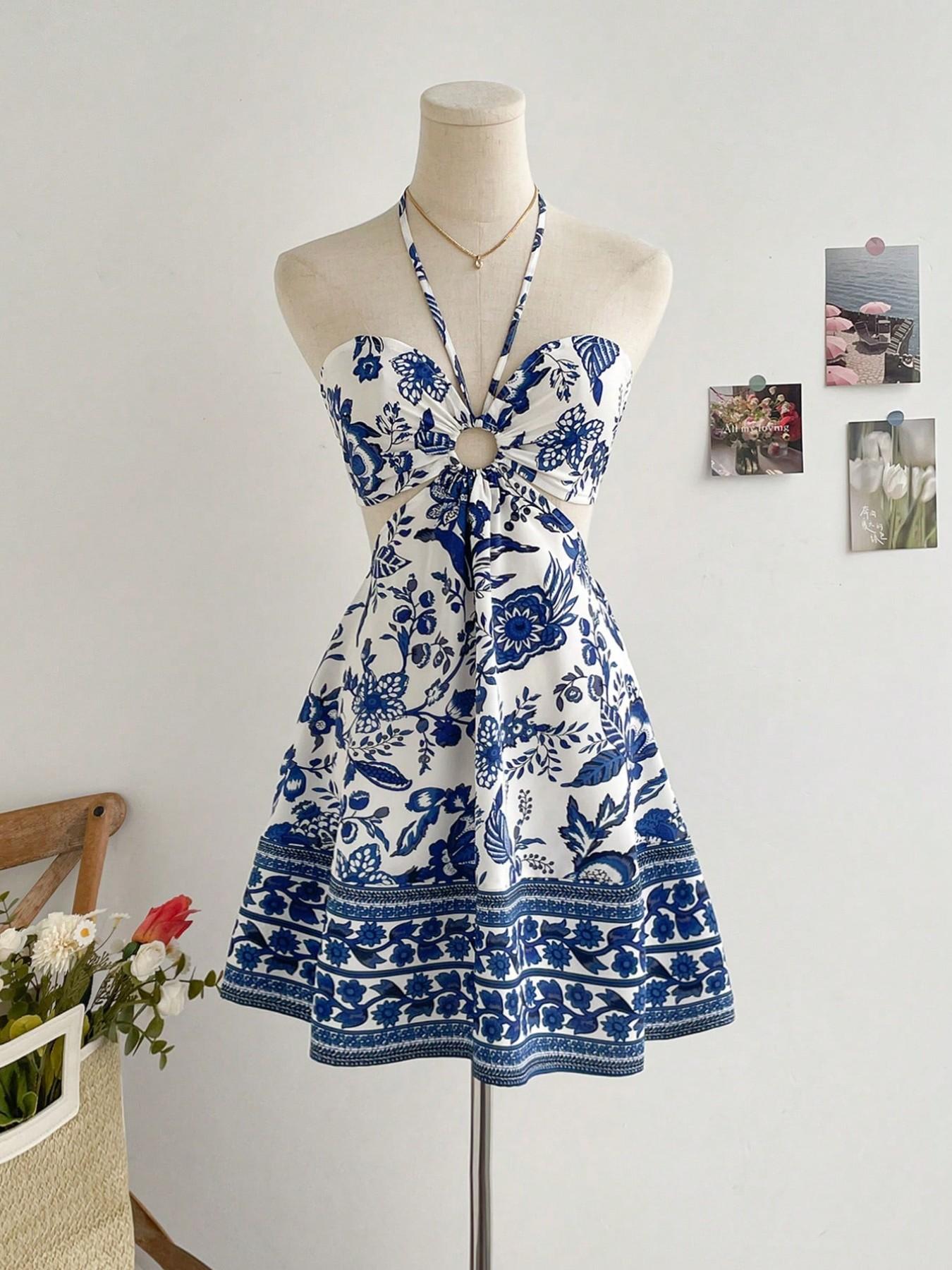 Women's Blue Porcelain Print Halter Dress, A-Line Skirt Hem, Casual Beach Vacation Wear, Bohemian Floral Pattern, Fitted Style