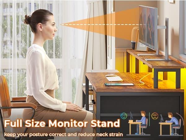 Sikaic 66 Inches LED Gaming Desk With File Drawer Power Outlet Printer Cabinet And Monitor Shelf Brown