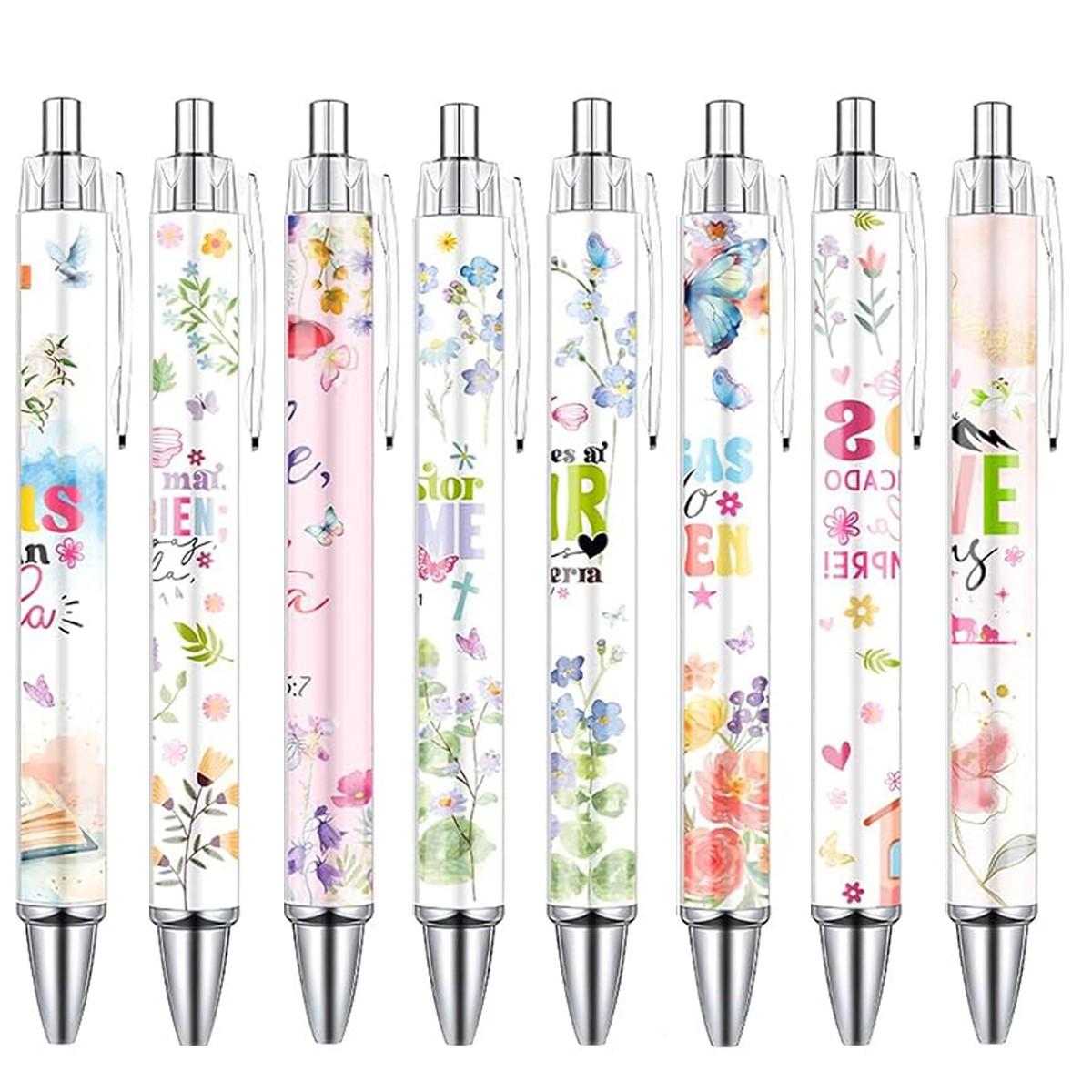 8/16/24 Pcs Bible Verse Ballpoint Pens, Inspirational Butterfly Smooth Writing BallPoint Pens, Spanish Christian Flower Pen Set, Religious Church Gifts for Women Men, Coworker Office School Supplies