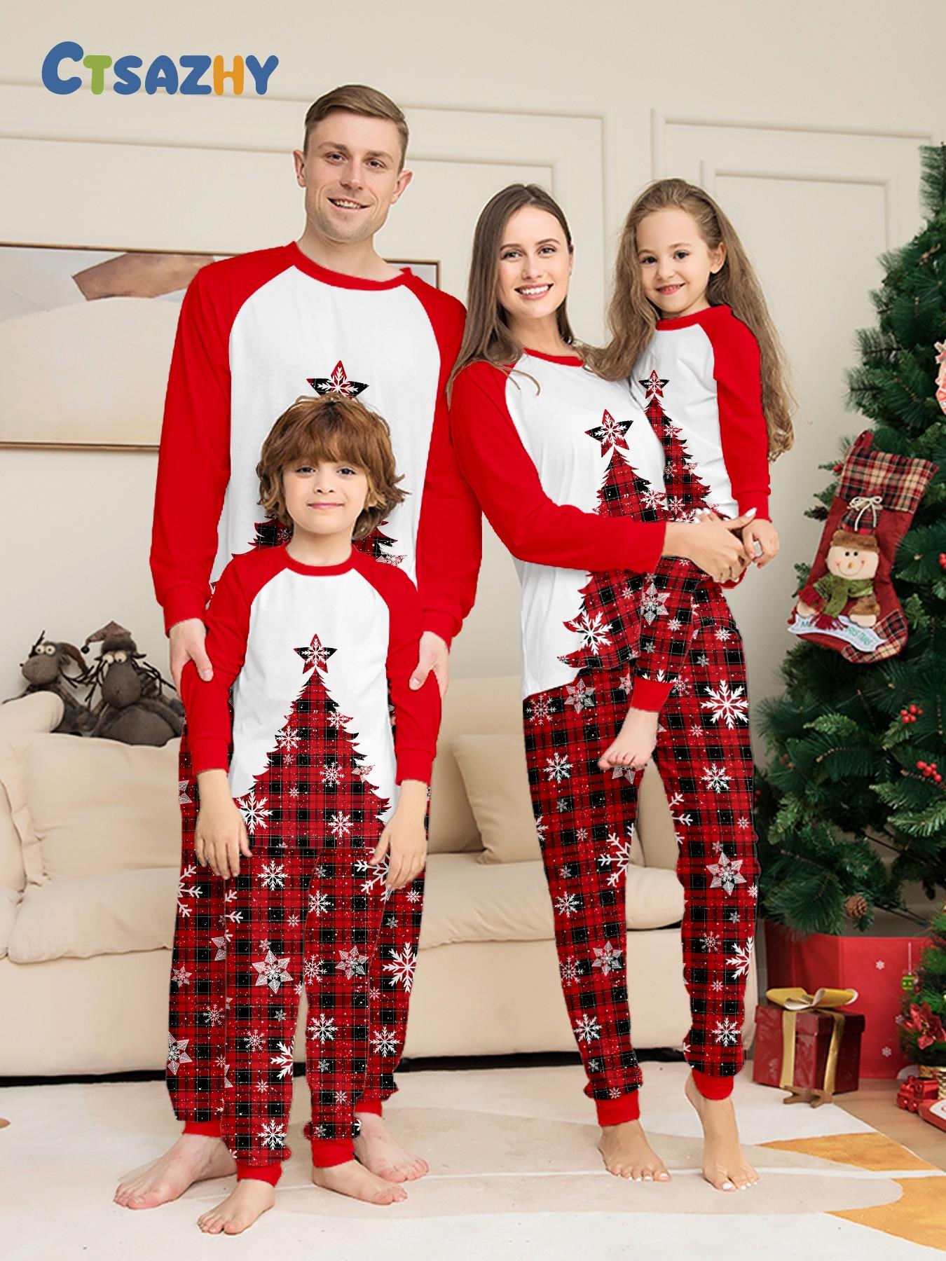 Matching Family Christmas Long Sleeve Pajama Set, Matching Outfits for Adults & Kids, Color Block Cuffed Loungewear, Couple & Family Matching Sleepwear, Color Contrast Raglan Sleeve Xmas Family PJs, Soft Comfy Home Wear for Families of 3 or 4