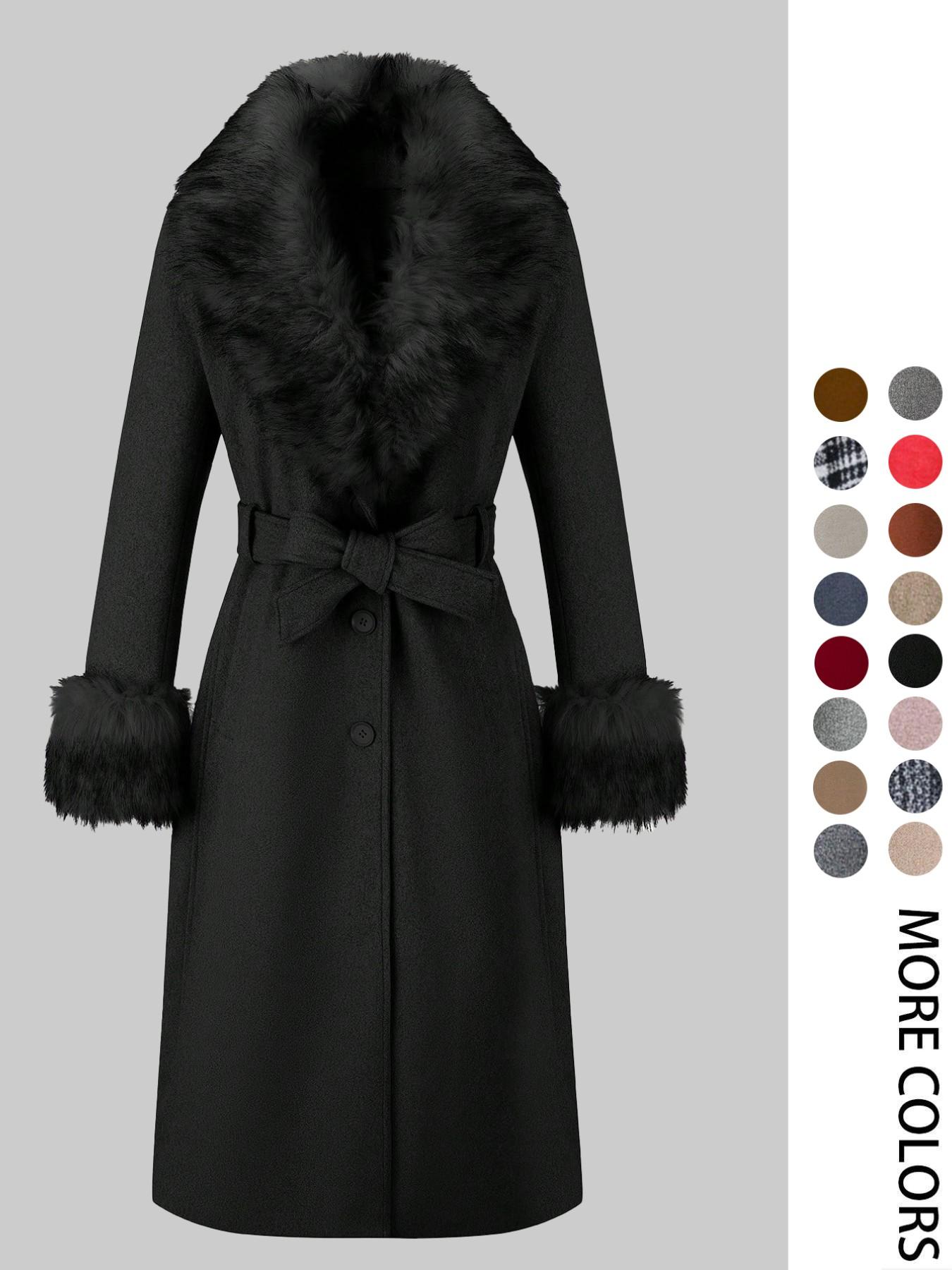 Women's Fall Winter Mid-Length Solid Color Coat, Warm Fitted Coat with Fur Collar, Waist Belt & Pockets, Casual Style, Jackets