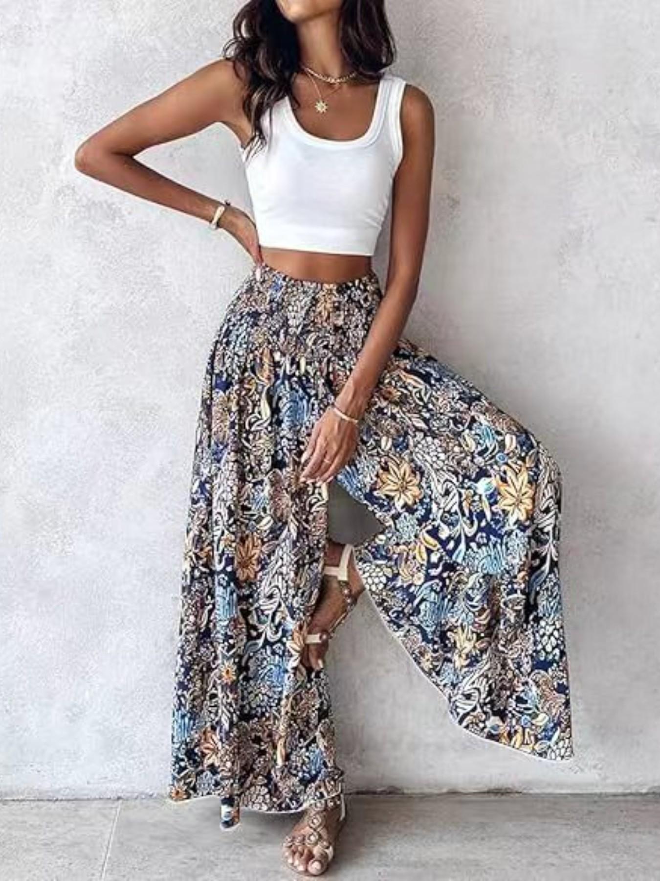 Boho Print Ruched Flowy High Waisted Wide Leg Pants, Bohemian Wide Leg Flowy Long Pants for Summer Beach Vacation, Casual Boho Pants, Women's Fashionable Loose-Fitting Bottoms