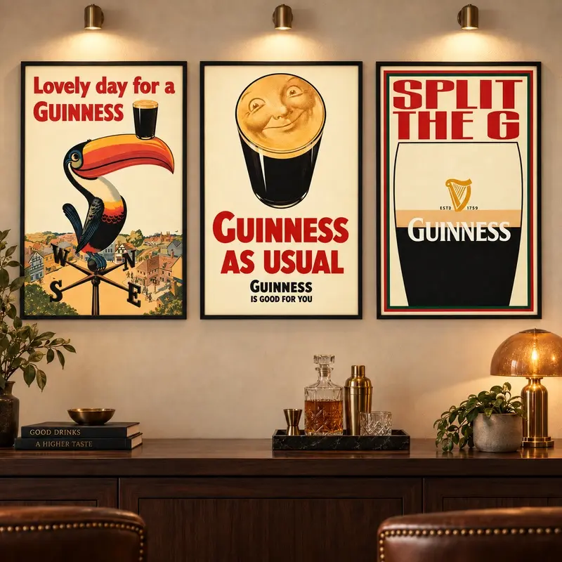 Guinness Vintage Beer Poster Set, Framed Canvas Wall Art Triptych, Retro Irish Pub Decor for Home Bar, Man Cave, Game Room, Kitchen, Brewery Lounge, Classic Advertising Print, Gift for Beer Lovers