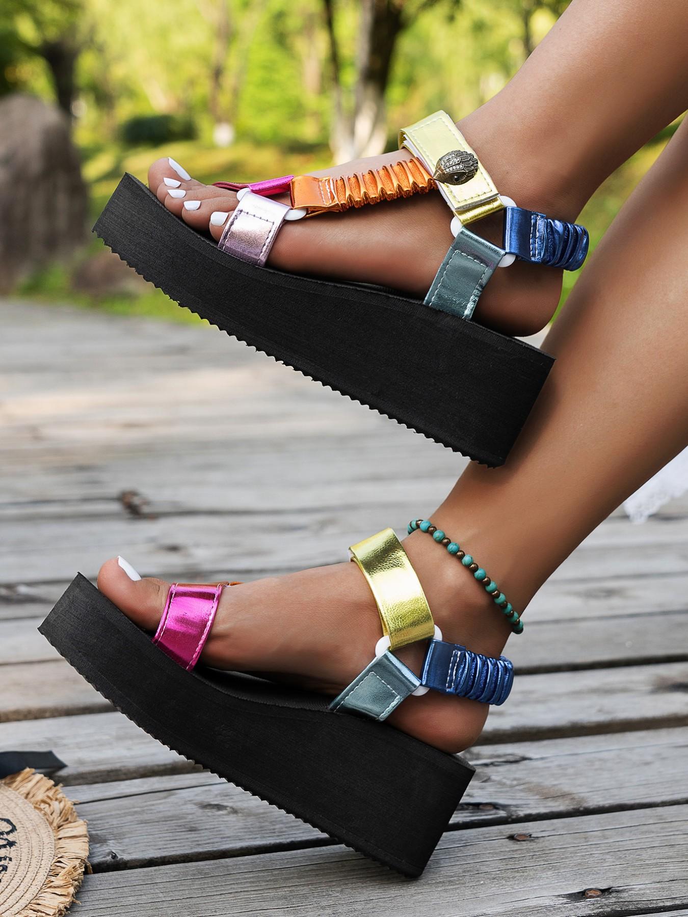 Fashion Beach Sandals for Women, Buckle Heel Summer Comfortable Slippers, PU Leather Upper, Rubber Sole, Outdoor Wear