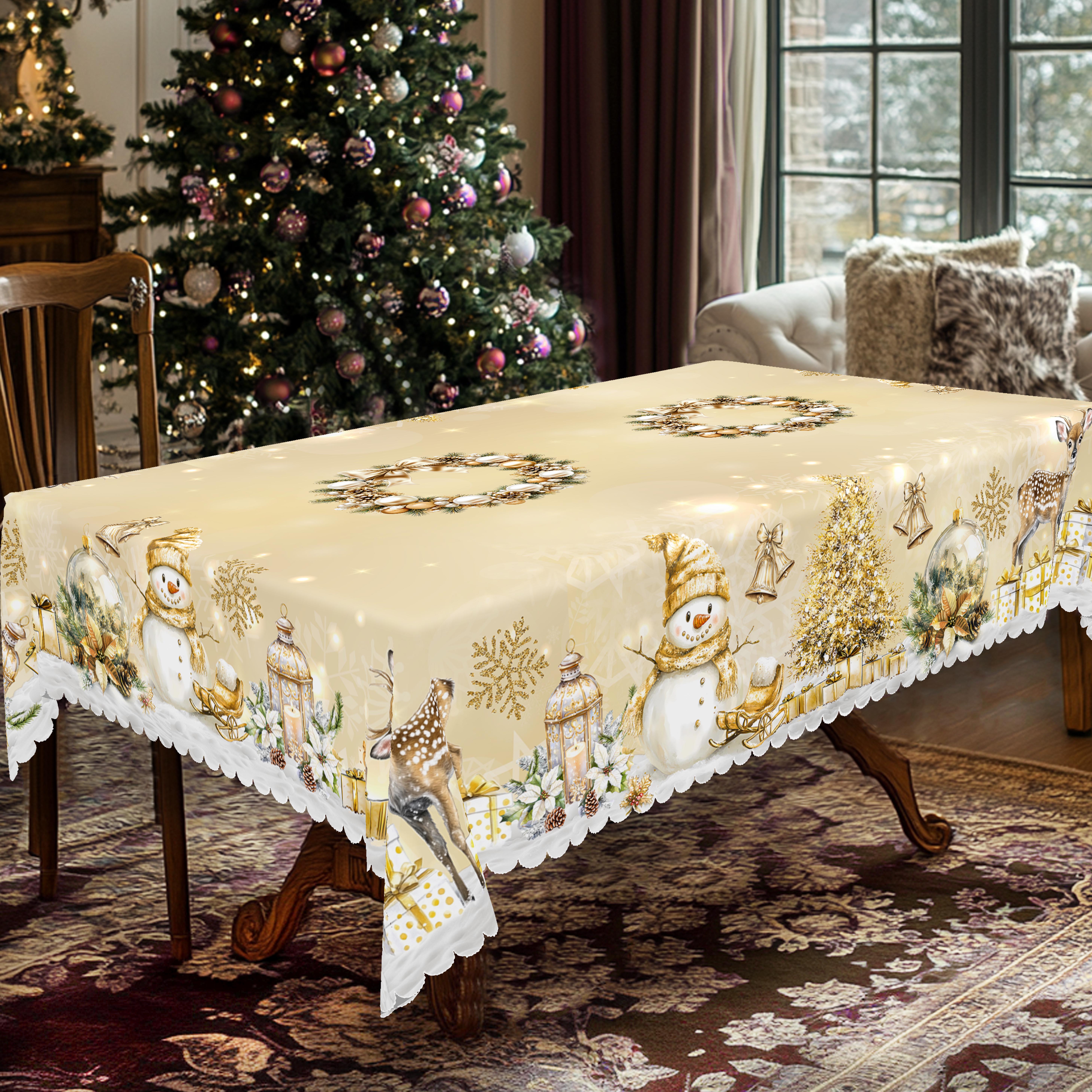 PLUMLIK Vintage Christmas Tablecloth with Santa Claus, Reindeer Patterns, Christmas Decor 2025, Christmas Party Decoration for Indoor&Outdoor, Golden Round Rectangular Table Cloth, Holiday Home kitchen Festive Decor, Christmas Gifts Dinnerware Celebration