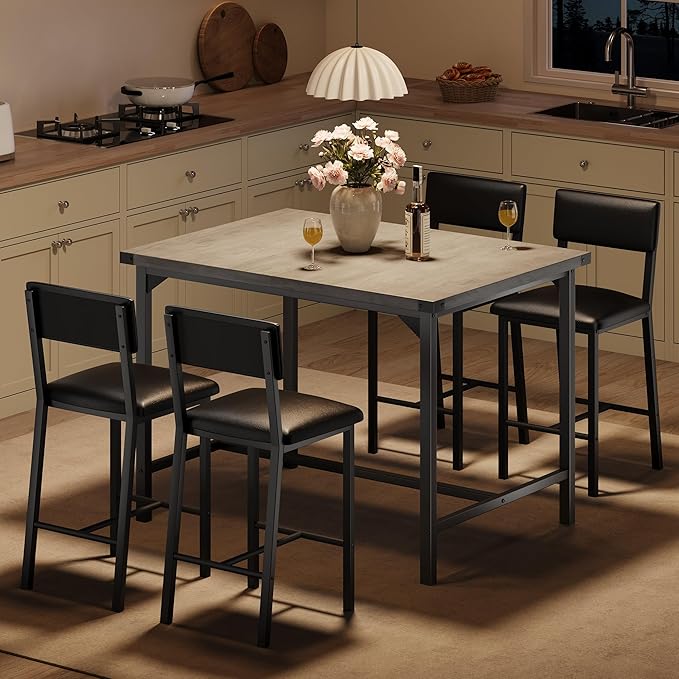 Dining Table Set for 4 w/Counter Height Table & 4 Upholstered Bar Stools, 5-Piece Kitchen Table Set with Footrest & Corner Protector, for Kitchen Room, Apartment