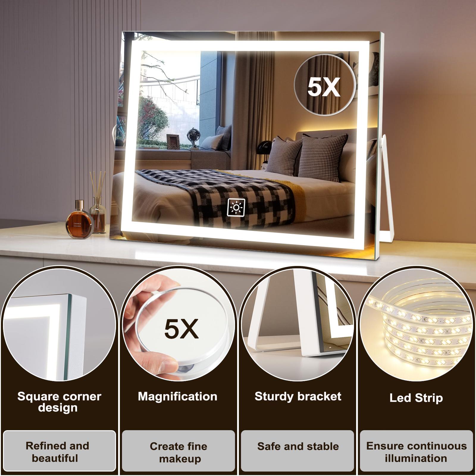 LED Lighted Makeup Mirror with Detachable 5X Magnification – Illuminated Vanity Mirror with Smart Touch Control, 3 Color Modes & Stepless Dimming – Dimmable Hollywood Mirror for Flawless Makeup – Gift for Women