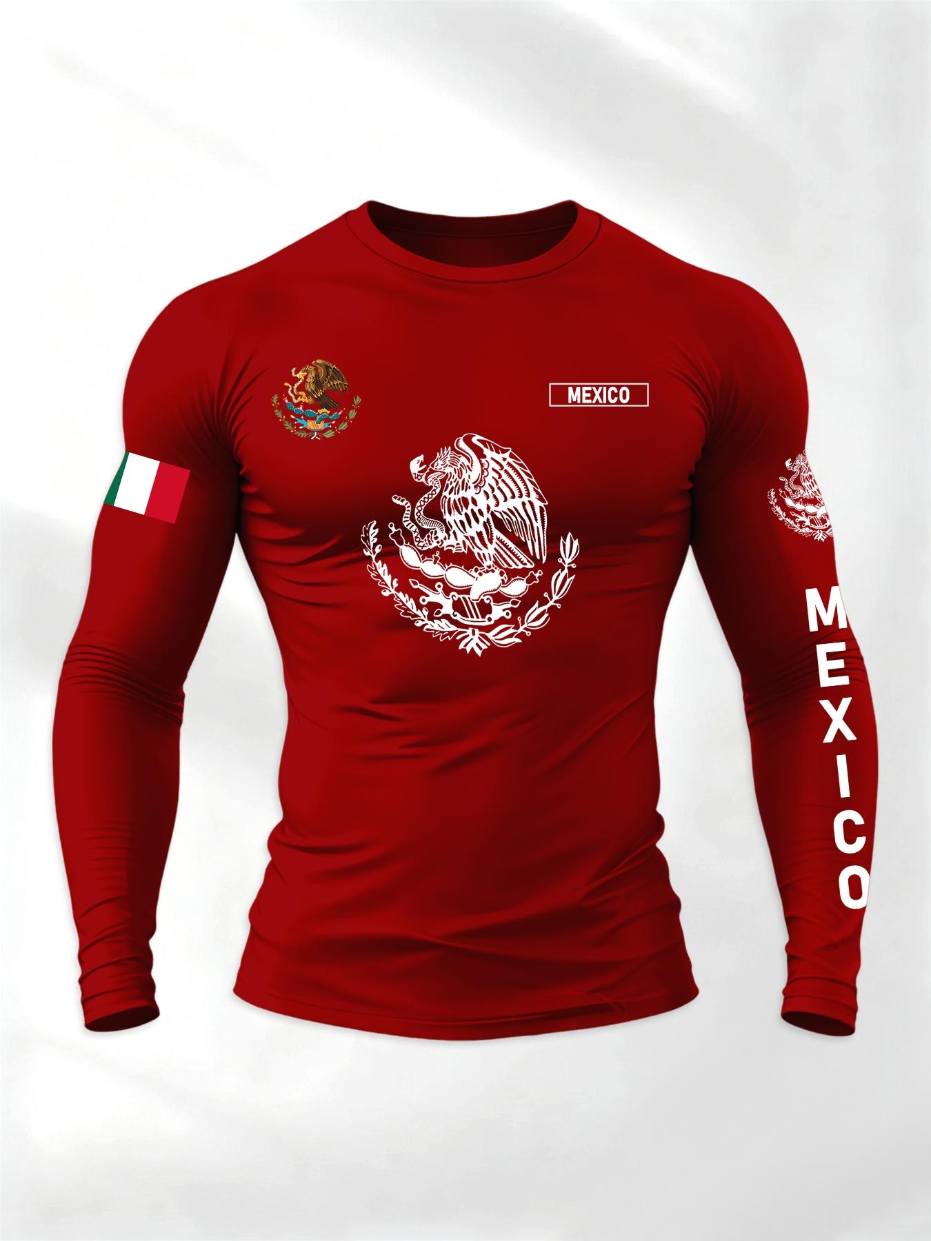 Men's Sporty Round Neck Long Sleeve T-Shirt for Spring & Fall, Athletic T Shirt, Mexican Eagle Snake Letter Pattern, Comfortable Streetwear
