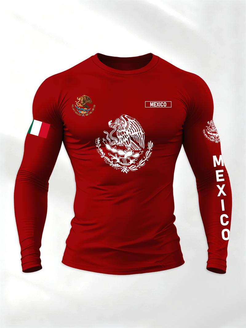 Men's Sporty Long Sleeve T-Shirt, Spring & Fall Fashion Round Neck, Mexican Eagle Snake Letter Pattern, Comfortable Streetwear, Athletic T Shirt