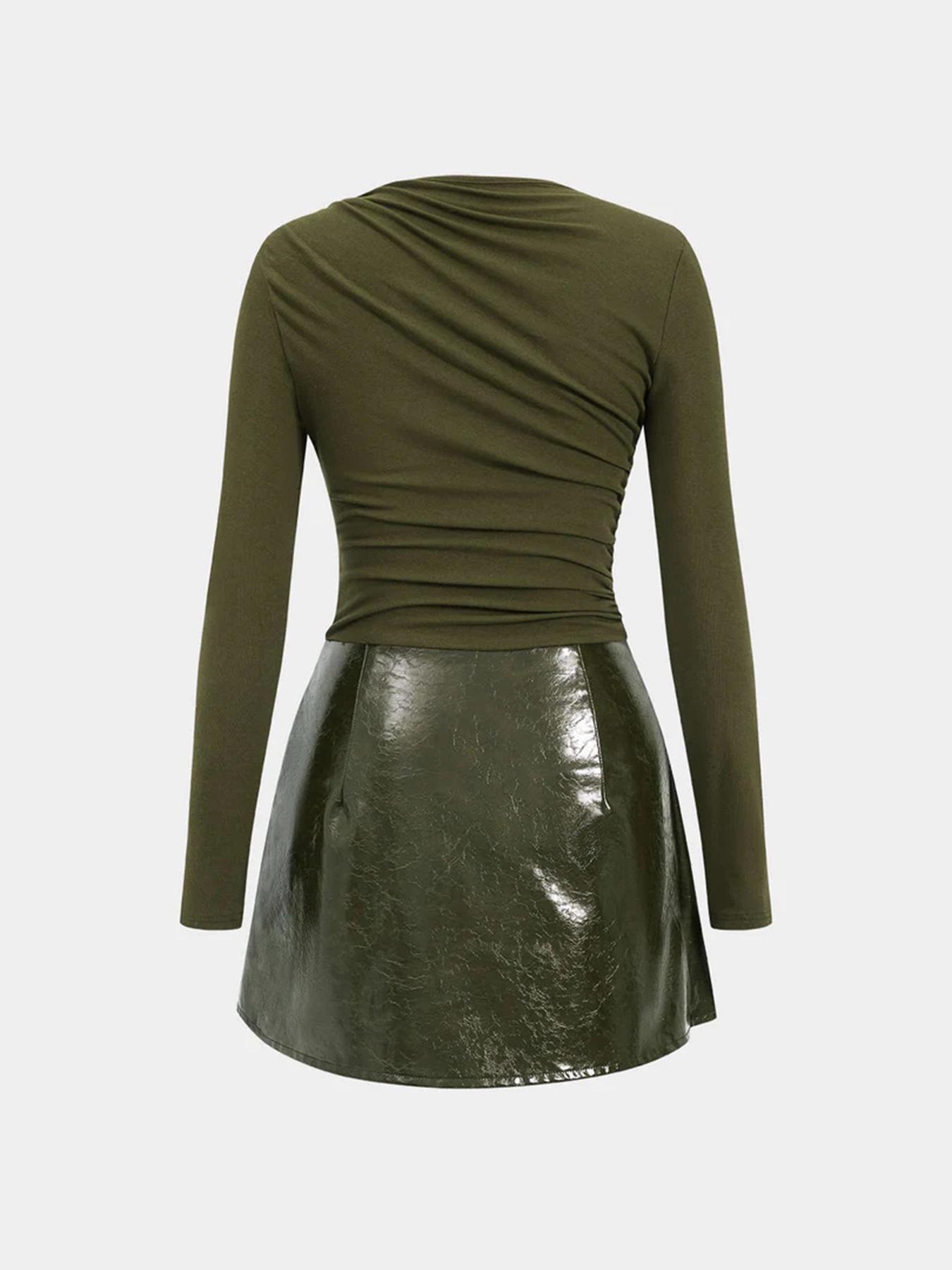 Women's Leather Patchwork Casual Knit Long Sleeve Dress, Fitted Style, Moderate Fabric Thickness, All Seasons Wear