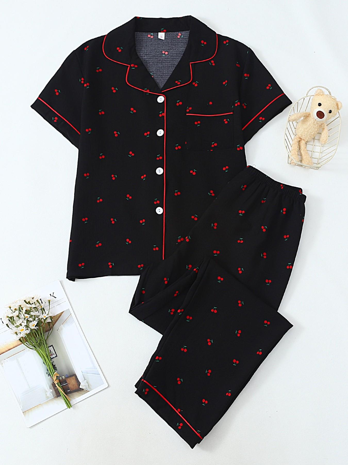 Women's Heart Print Short Sleeve Pajama, Casual Comfy Striped Print Lapel Neck Pocket Shirt & Pants PJ Set, Ladies Sleepwear for All Seasons, Loungewear