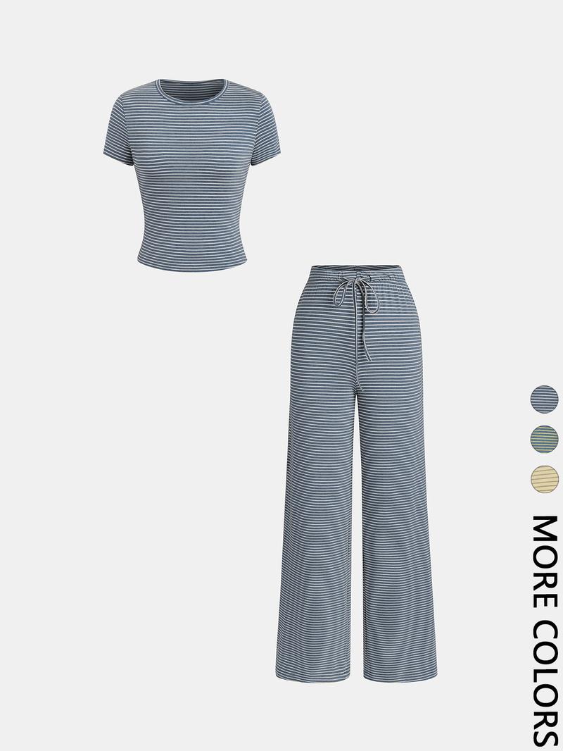 Women's Casual Striped Tee Shirt & Comfortable Pants Set, Stylish Two-Piece for Daily Wear, Perfect for Spring & Fall Seasons