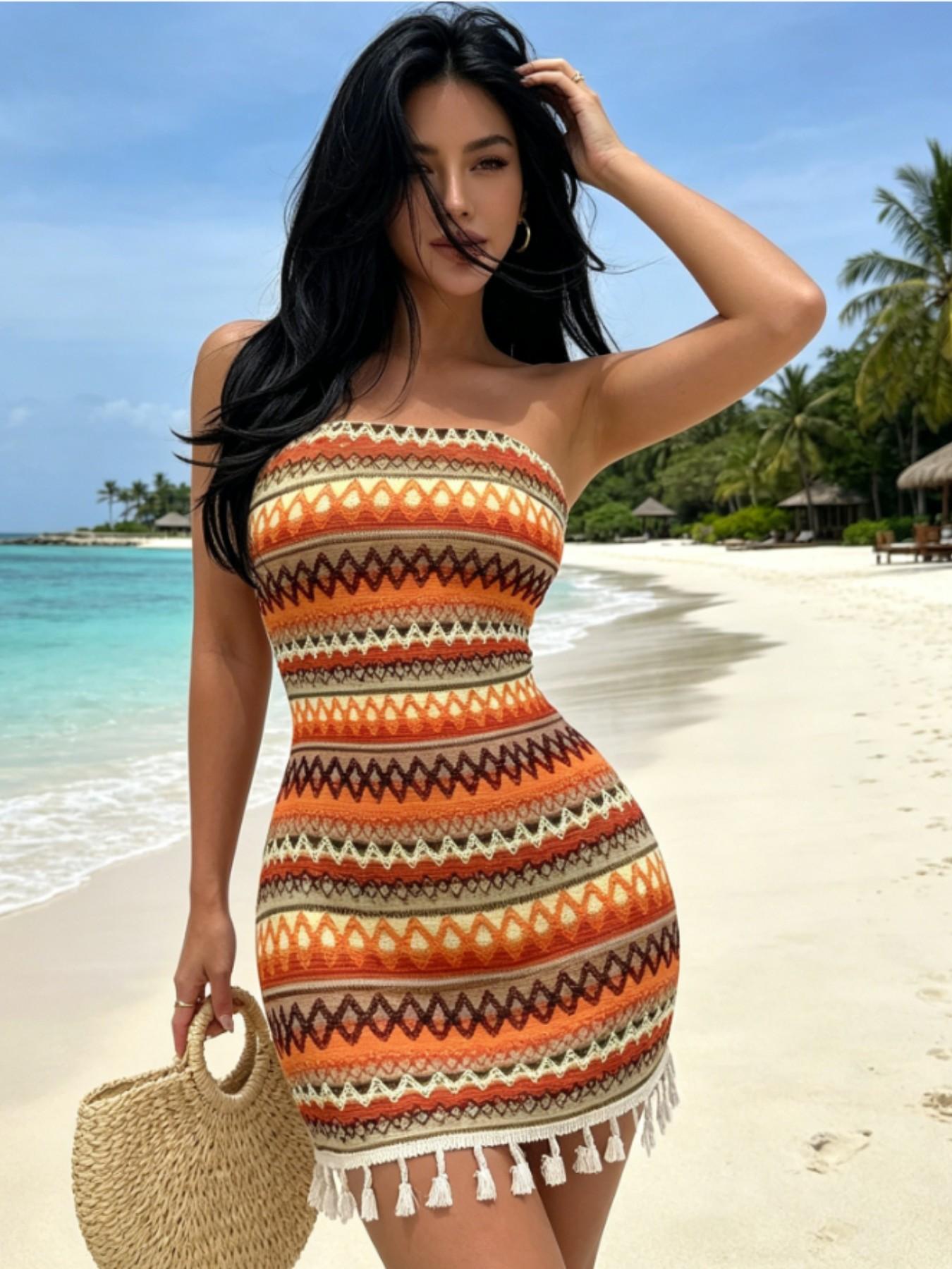 Boho Strapless Tassel Knit Mini Dress for Women – Vacation Beach Bodycon Dress