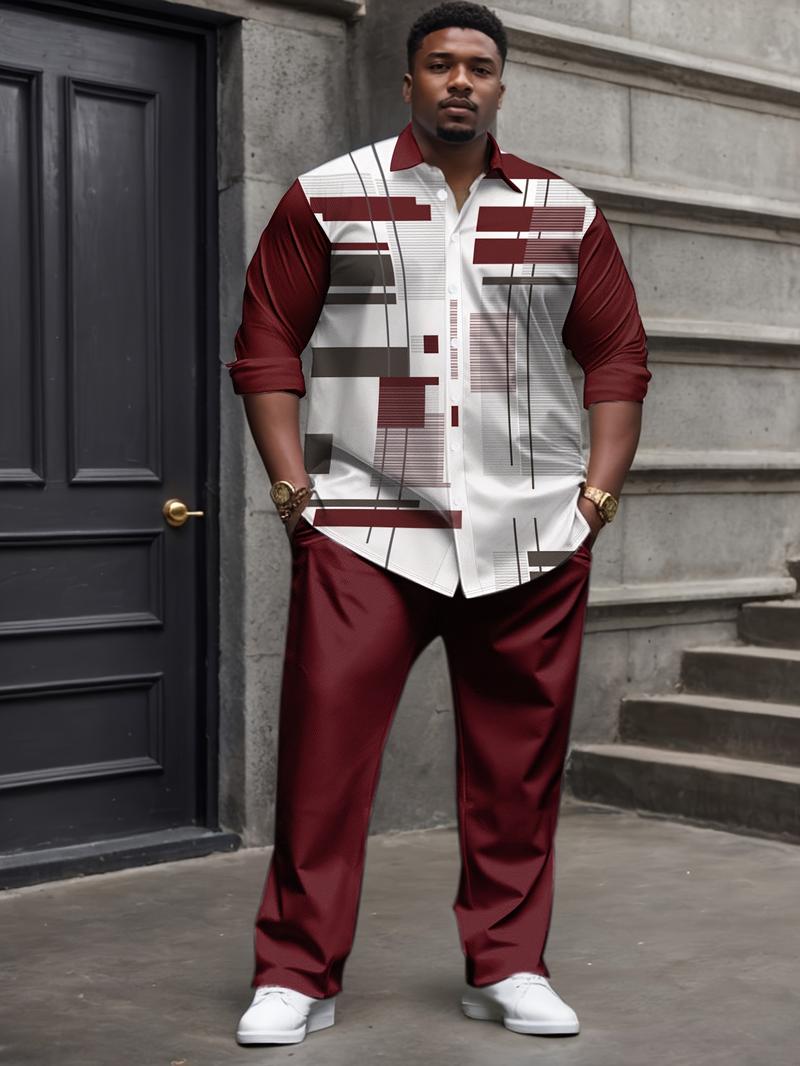 Men's Plus Size Suit Set - Stretch Long Sleeve Button-Up Shirt ...