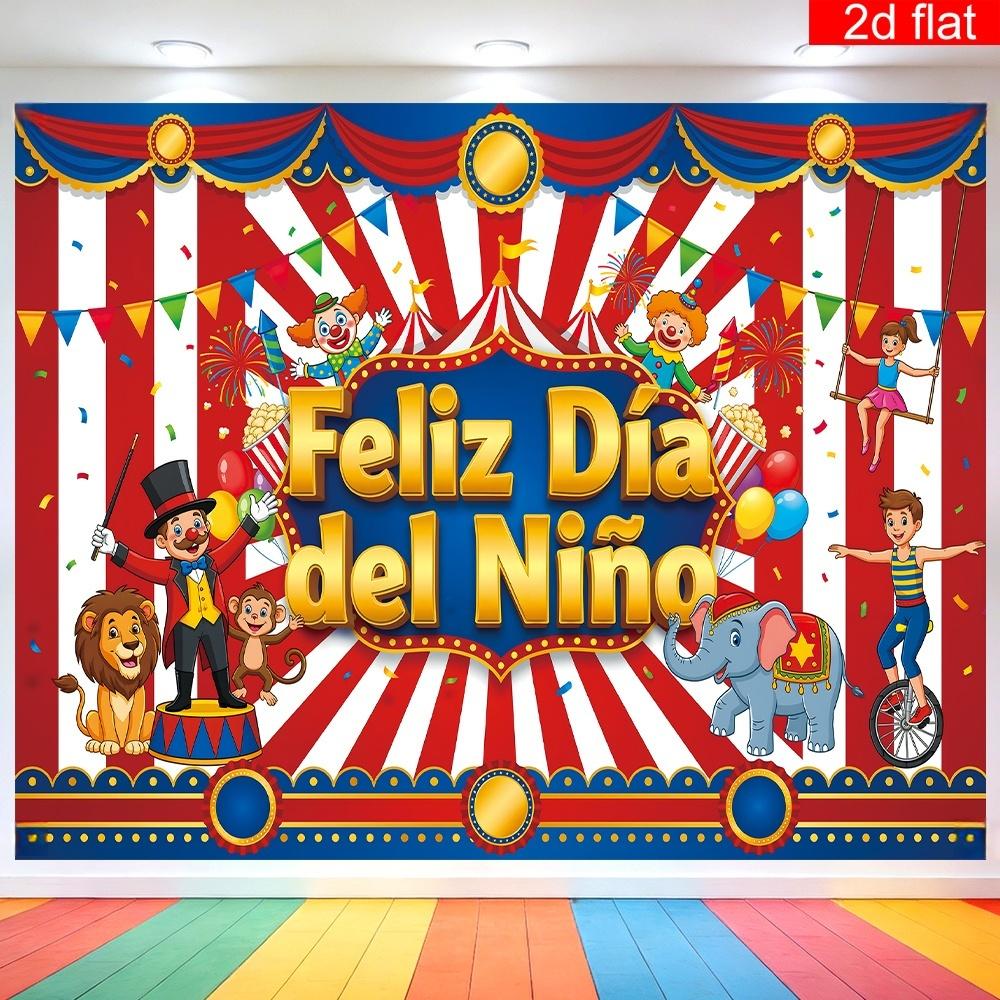 2D Flat Banner, Spanish 'feliz Día Del Niño,' Polyester, Circus Theme, Home Wall Outdoor Garden Party Decor, Large Garage Party Banner