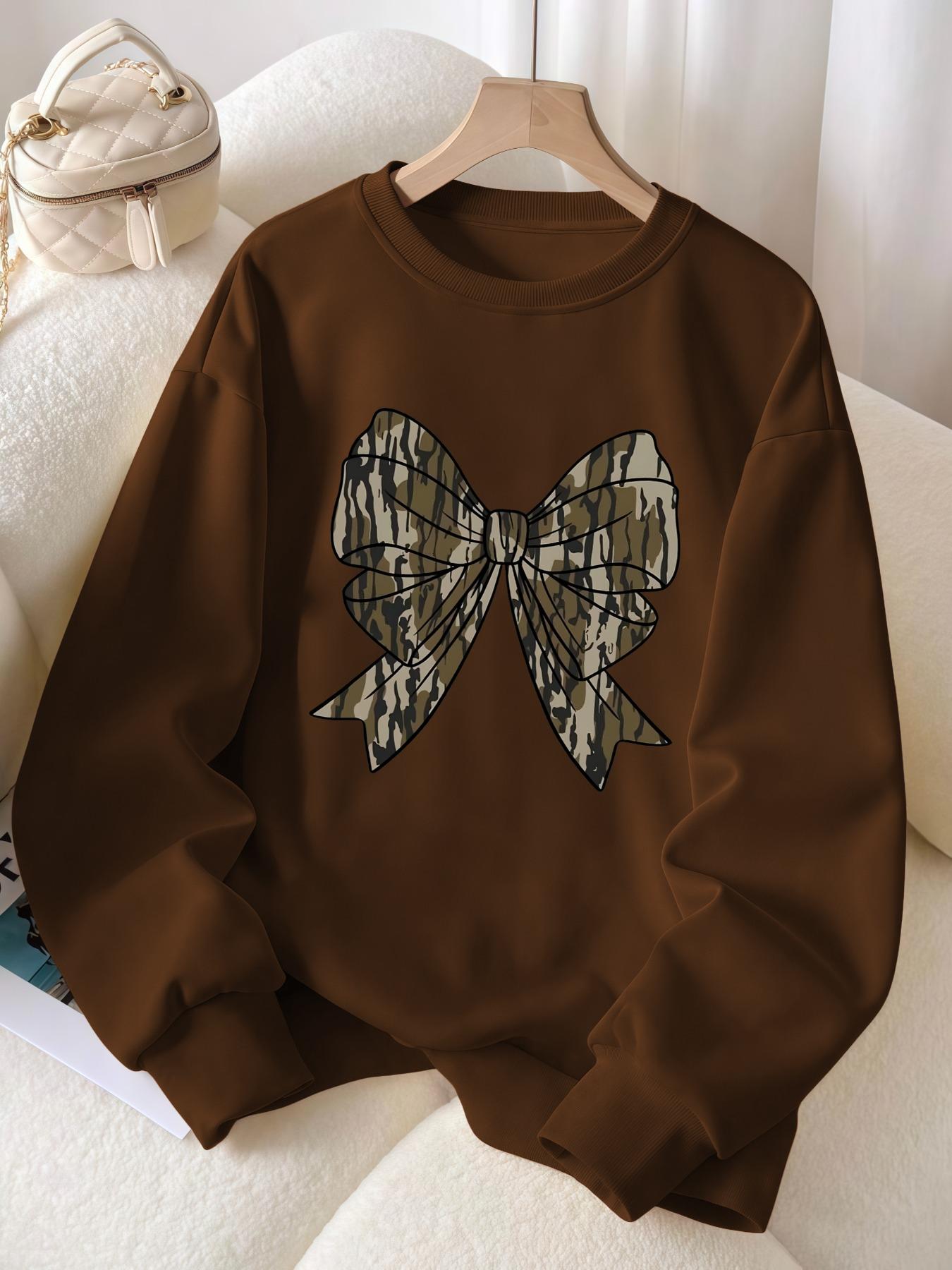 Women's Camo Bow Print Loose Fit Round Neck Sweatshirt, Fall & Winter Sporty Style, Casual Camouflage Pullover Top