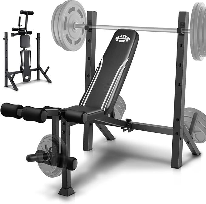 【TikTokShopBlackFriday】OPPSDECOR 600-900bls Adjustable Bench Press Weight Training Bench Set with Squat Rack and Leg Extension, Total Body Workout Folding Exercise Bench for Home Gym