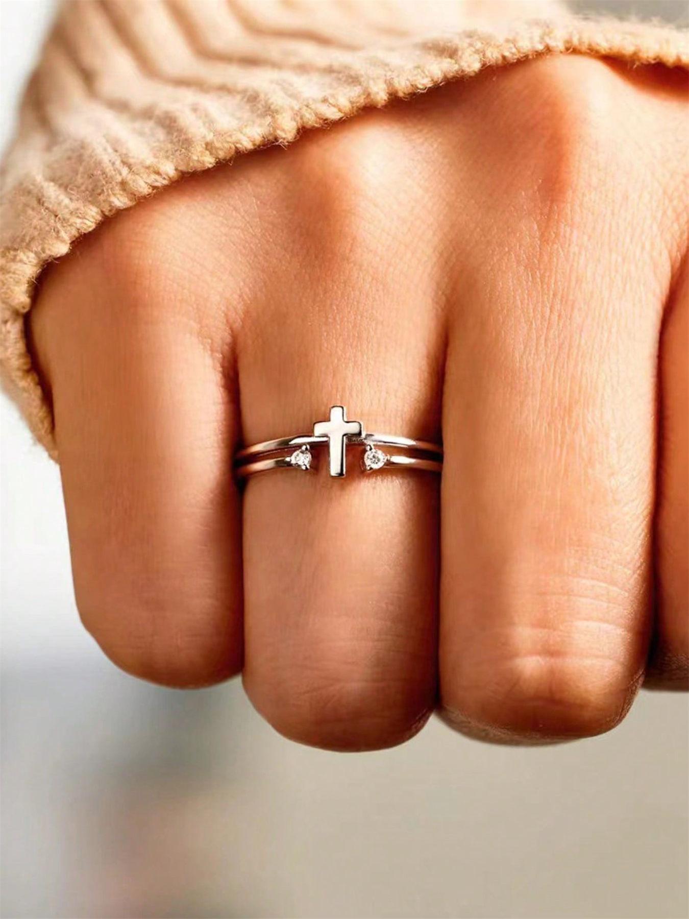 Rhinestone Decor Cross Design Double Layered Ring, Stackable Rings, Fashion Jewelry Accessories for Women & Girls, Matching Jewelry