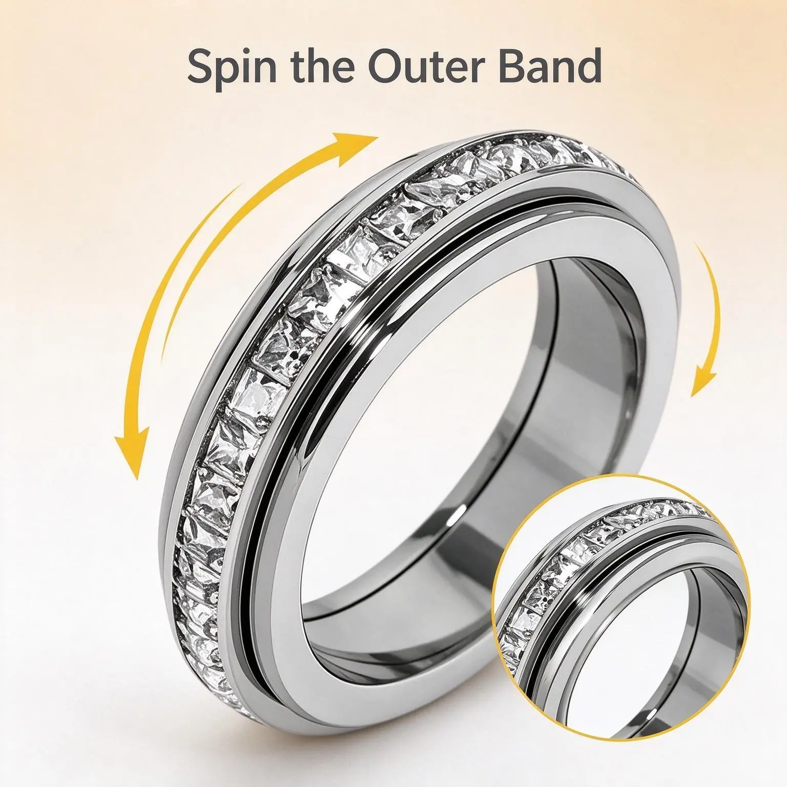 Unisex Rotating Spinner Ring, Cubic Zirconia Inlaid Band, Smooth Quiet Spin Mechanism, Comfort Fit Tactile Fidget Jewelry, Portable Accessory For Daily Wear, Wedding Stacking And Gifting