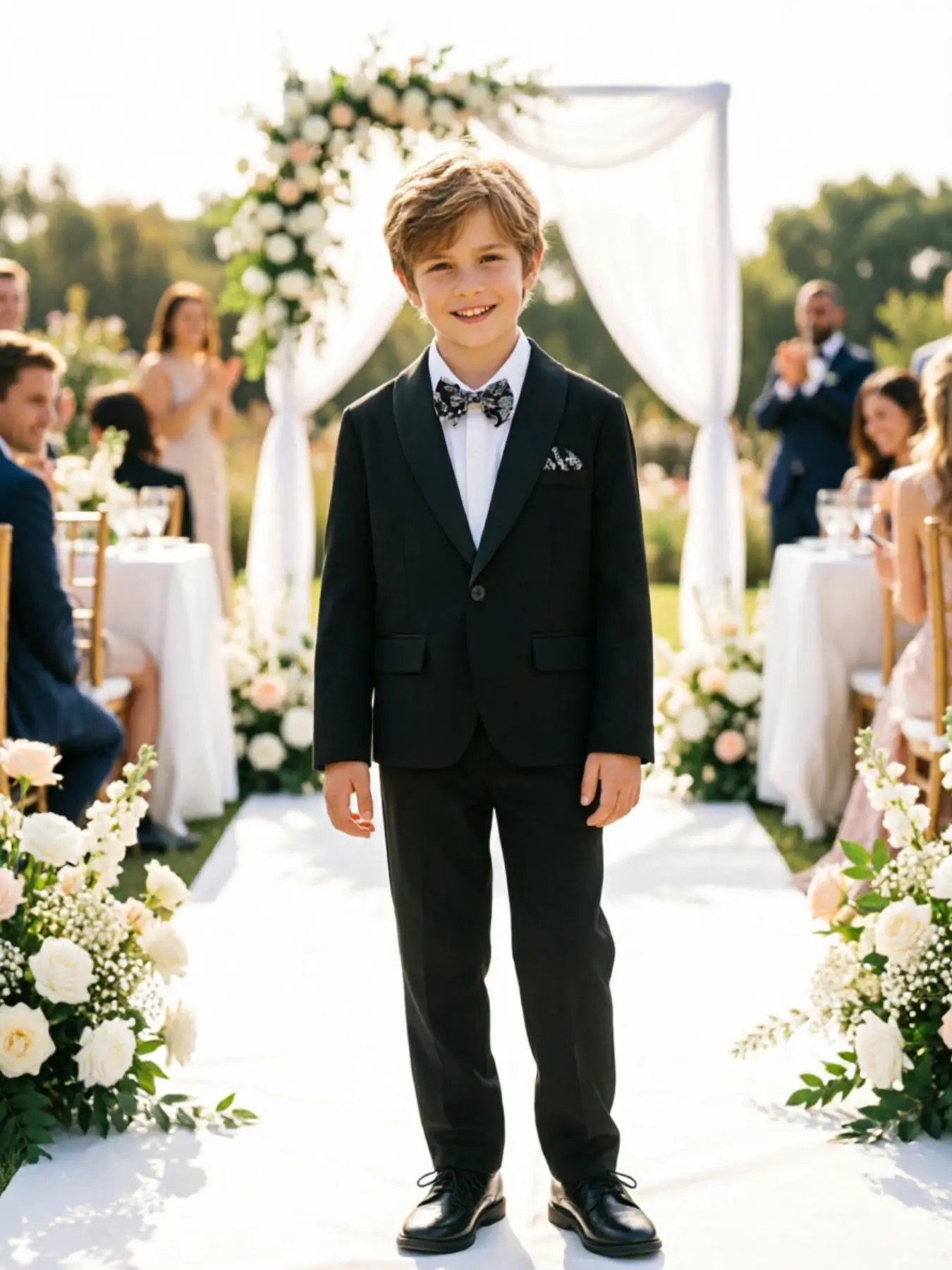 Boys Black 3 Piece Tuxedo Suit Set Shawl Lapel Blazer Elastic Waist Pants Bow Tie Fall Wedding Junior Groomsman Ring Bearer Formal Outfit Classic Trend Breathable