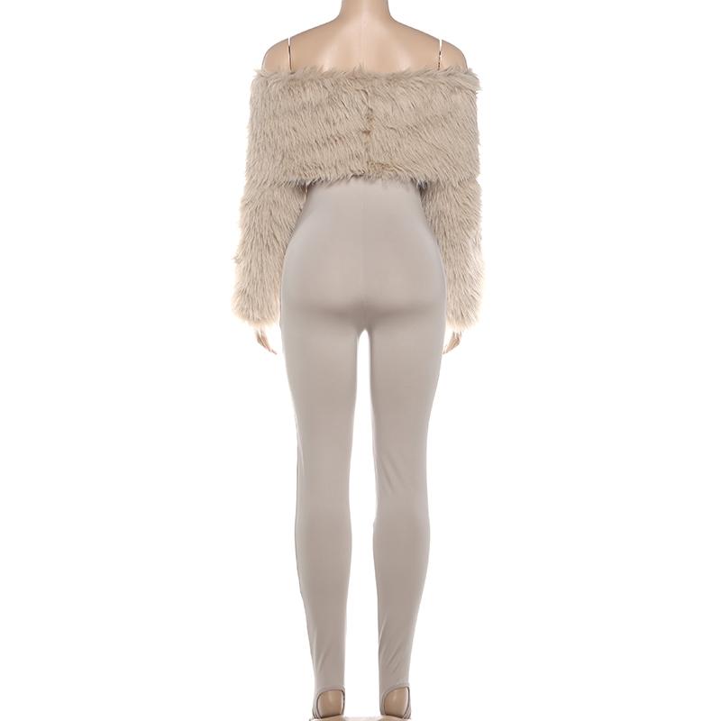 DOUCIU Autumn/Winter Tight-fitting Sexy Hot Trendy Cool Simple Casual Theme Party Women's Thin Solid Color Fur Collar Patchwork Long Sleeve Jumpsuit