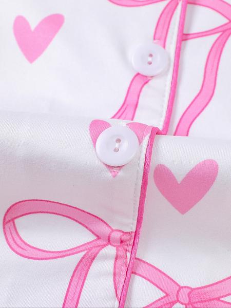 Women's Cute Bow Print Pajama Set,Valentine's Day Gift ，Fall & Winter Casual Homewear, Soft Elastic Fabric, Long Sleeve Shirt Collar Top & Pants
