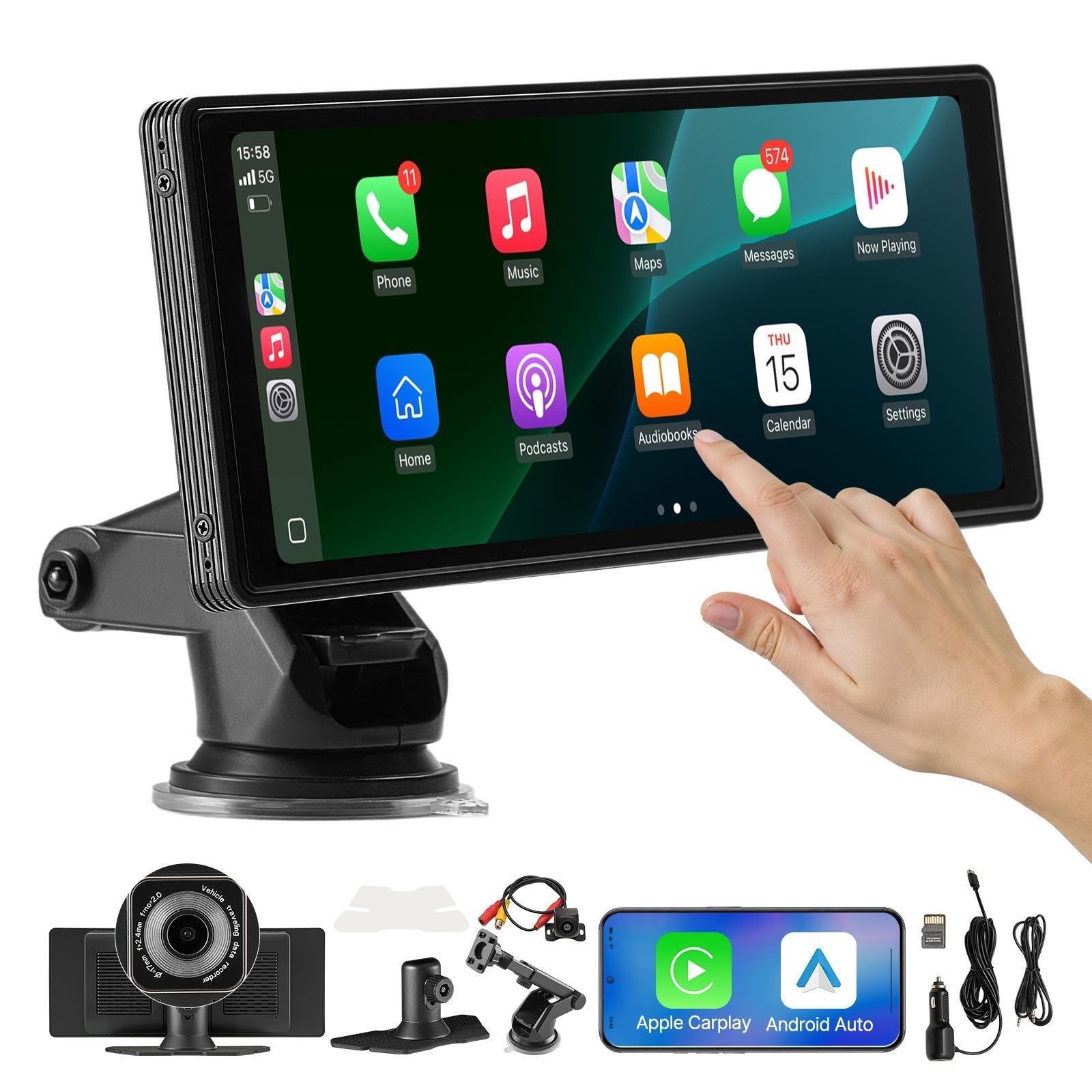 fathersdaygift  VEVOR Wireless Car Stereo, 10-Inch HD Portable Radio Touch Screen with Apple CarPlay and Android Auto, CarPlay Screen with Front Backup Cameras, Voice Control, Mirror Link, Bluetooth, GPS Navigation