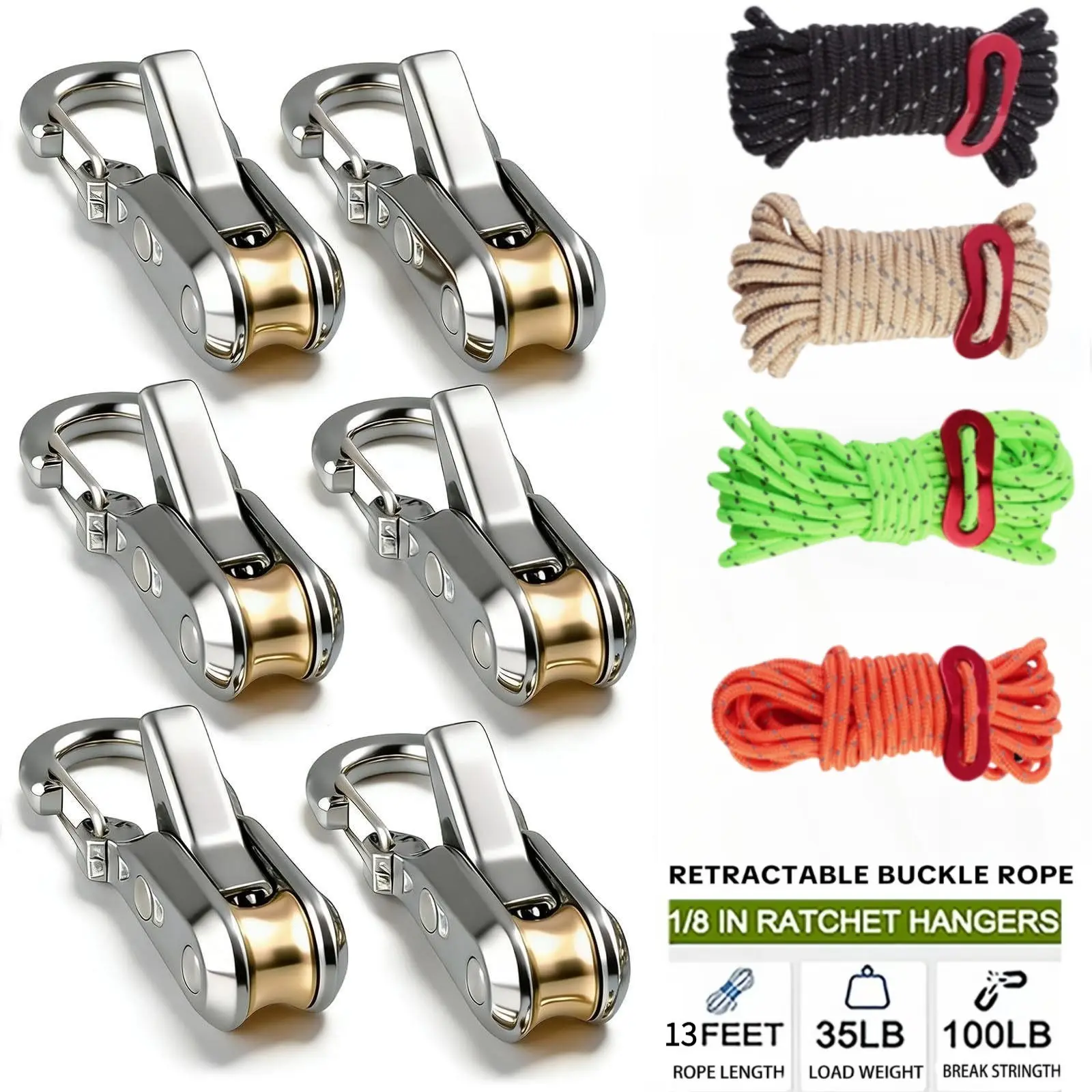Luocute 6 Set Rope Tightening Tool, High Strength Tie Down Rope, Roller Tensioner, Retractable Roping, Alloy Buckle, Outdoor Camping Boating, Stretch Rope, Durable Tie Downs, Retractable Tiedowns