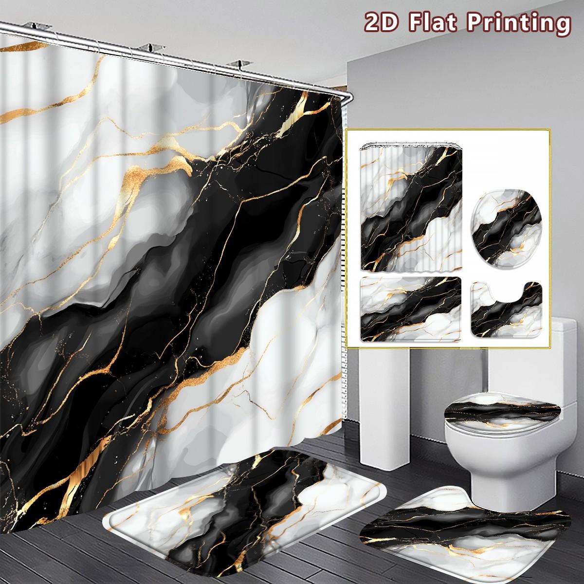 4PCS Marble Shower Curtain set, Black White and Gold Marble Bathroom Decor, Accessories with Bath Mat, U-shaped Mat, Toilet Lid Cover, 12 Hooks 180x180cm Curtain, Luxury Stone Aesthetic, Home Decor, bathroom accessories