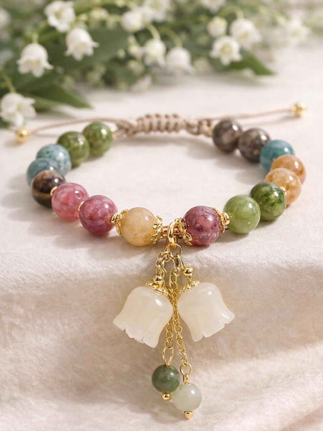 Handmade Colorful Quartz Beaded Bracelet with Bellflower Pendant, Adjustable Rope Chain Floral Charm, Cute Gift Jewelry for Women