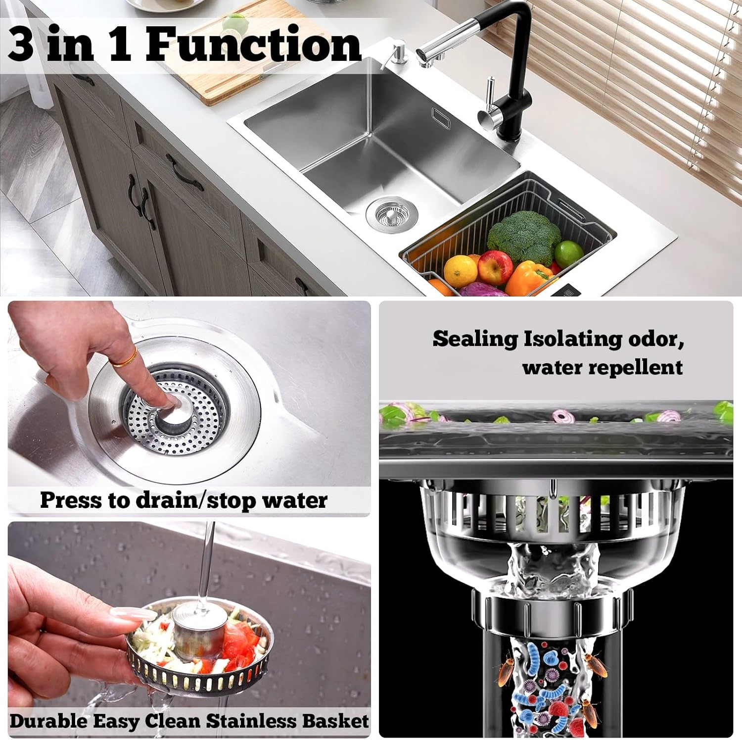 3 in  Sink Drain Strainer,Universal Stainless Steel Kitchen Sink Stopper,  Up Anti-Clogging for 3-1/2 Inch US Standard Sink Drain Strainer ,Deals for you days