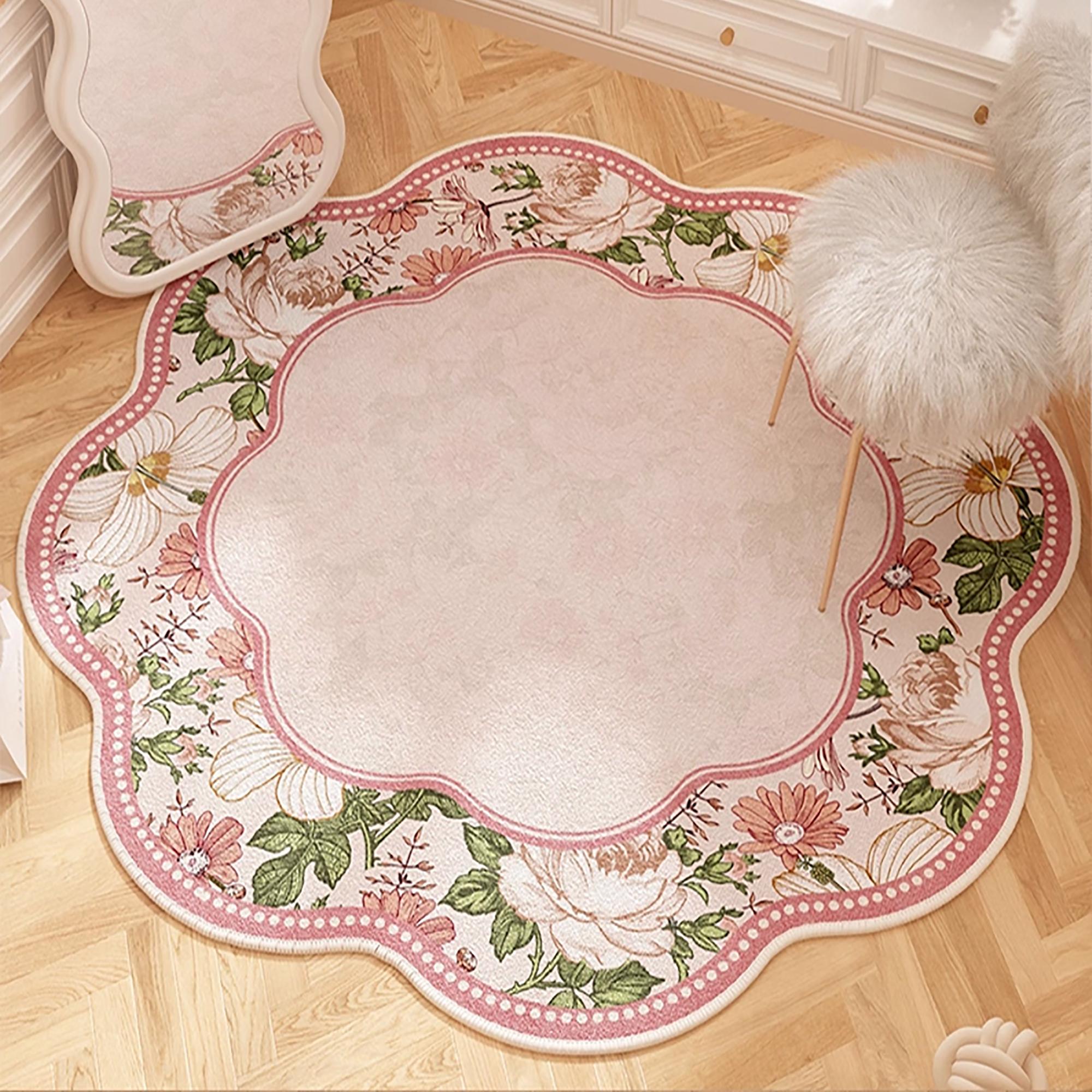 Creative Flower Petal Print Carpet, Foldable Washable Non-Slip Plush Rug, Decorative Area Rug, Romantic French Style for Living Room Bedroom, Round Floral Shaped Rug