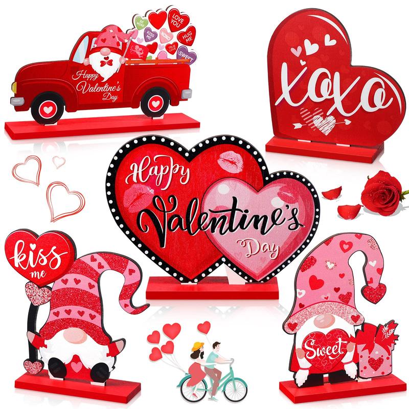 St. Patrick's Day & Valentine's Day Reversible Gnome Wood Signs, Double Sided Irish Theme Wooden Standing Blocks & Love Car Rose Truck Heart Decor, Table Centerpiece for Tiered Tray Farmhouse Kitchen, Ideal for Irish Families, Gnome Lovers & Couples Gift