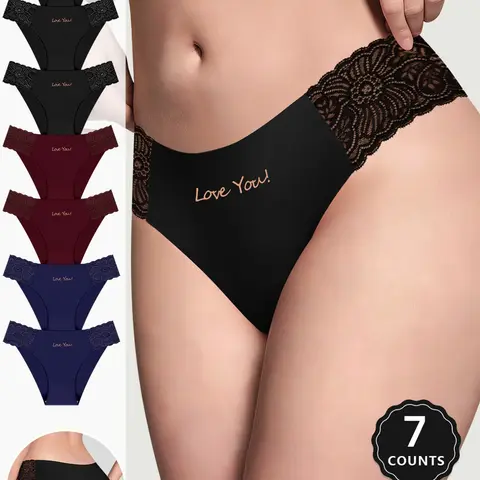 7-Pack Mei Yating Women's Seamless Lace Mid-Waist Triangle Underwear, Sizes S-Xxl, Love You Print, Floral Trim, Soft Breathable Fabric, Floral Lace Panties