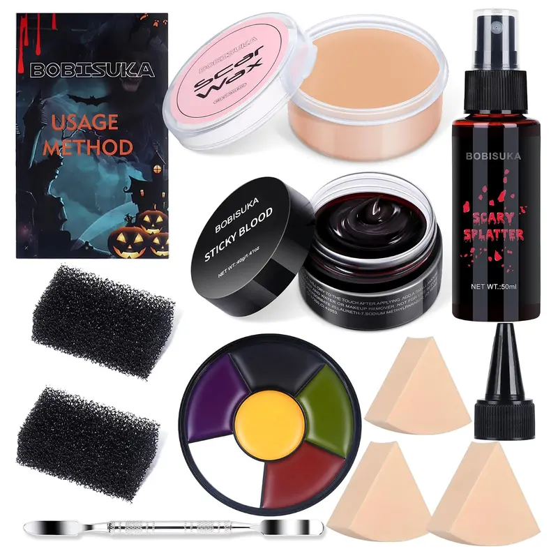 BOBISUKA Demonic SFX Cosmetic Halloween Makeup Kit Pack - 5-Color Face Body Cosmetic Bruise Paint Palette, Scar Wax with Spatula, Fake Blood Spray, Fake Blood Cream, Stipple Sponge for Leg Body Makeup, Apply with Tools