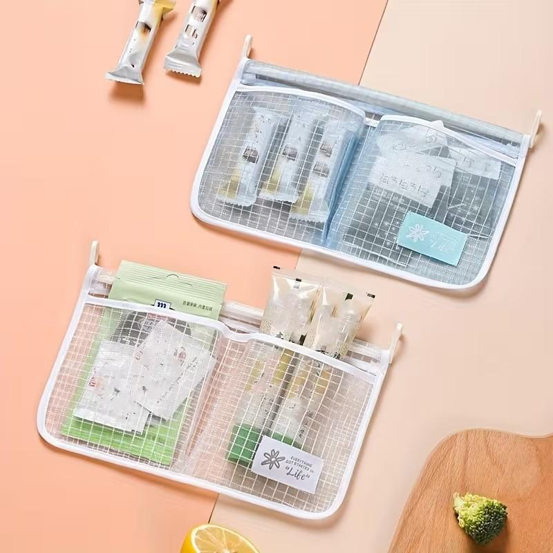 2 Pcs Refrigerator Storage Net Bags, Hanging Kitchen Organizer Pouches, Dual Compartment Fridge Storage Bags, Home Sorting Containers