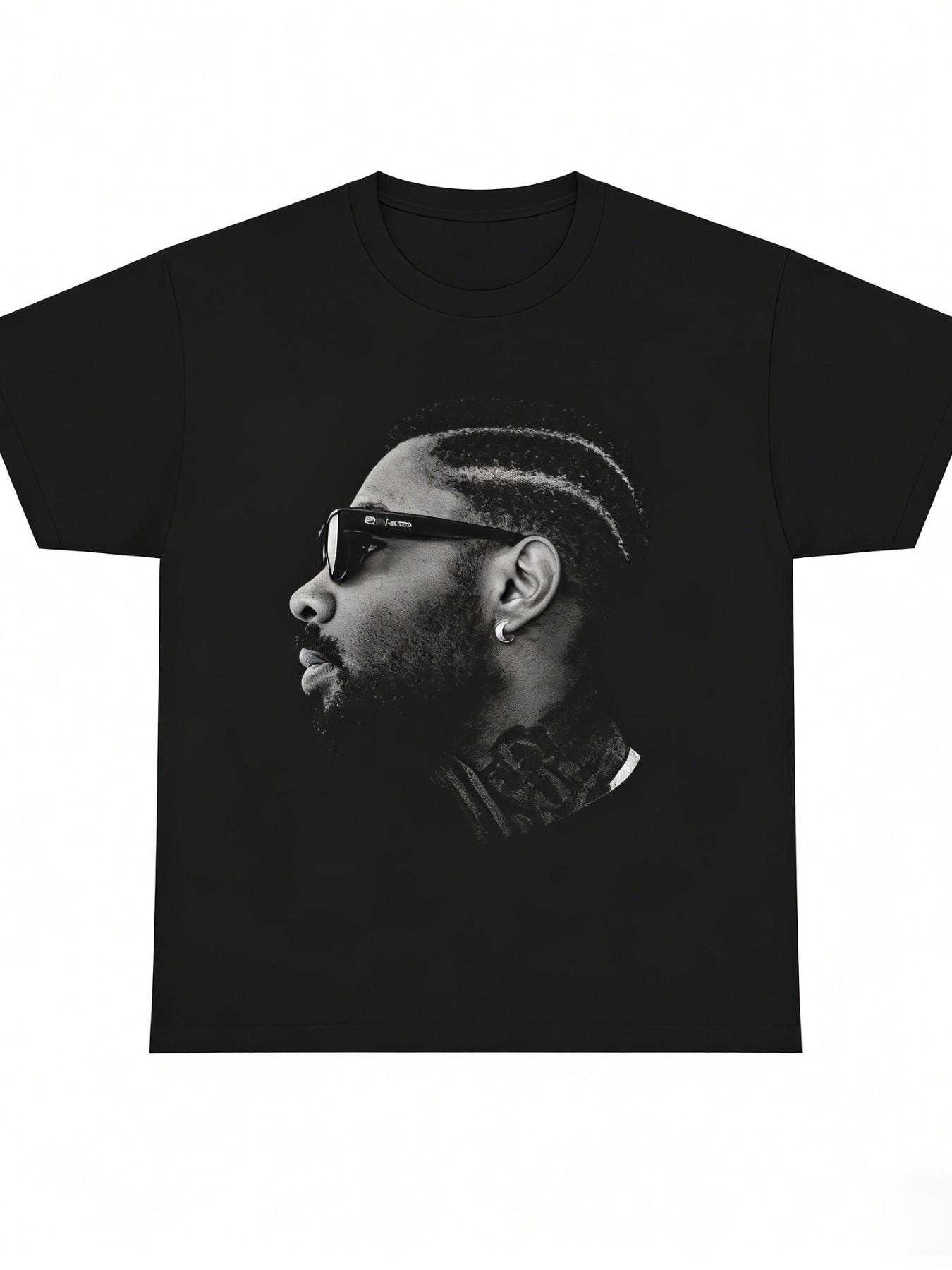 Unisex Geometric Print T-Shirt, Casual Loose-Fit Short Sleeve Top, American Vintage Style, All-Season Wear, No Zipper or Button